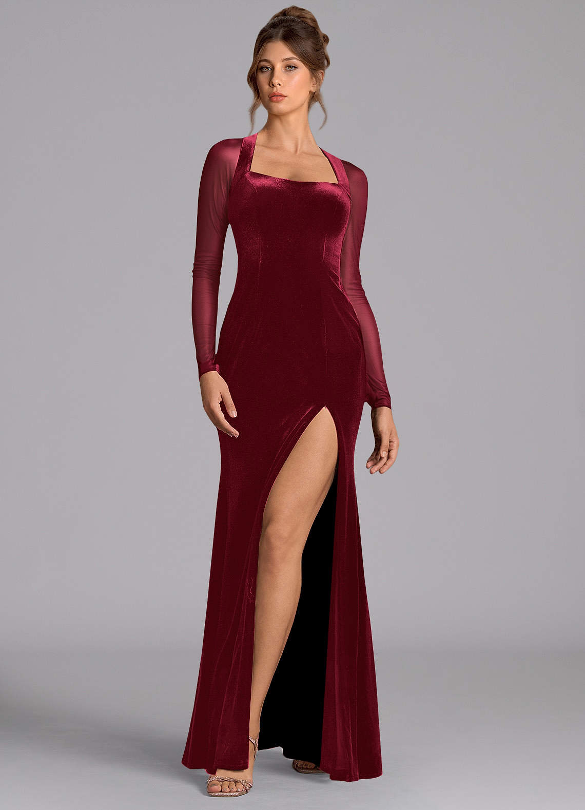 Azazie Megan At-home Try On Dresses Burgundy Mermaid Long Sleeve Mesh Dress image3