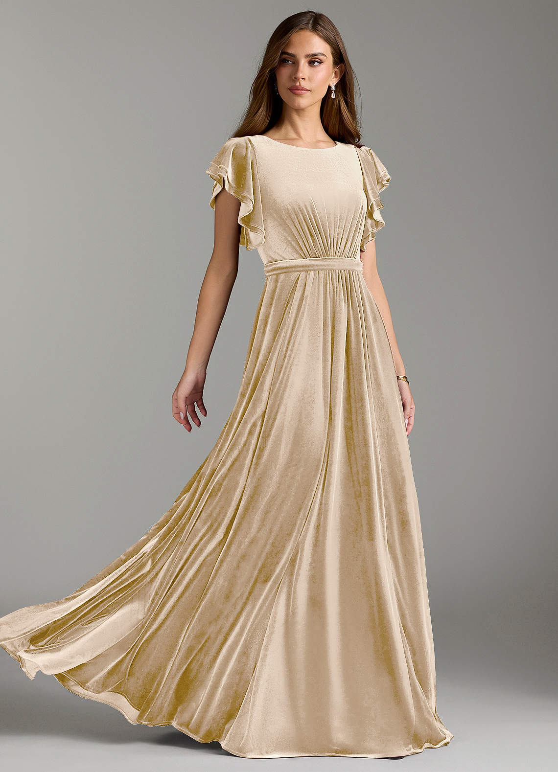 Azazie Daphne Modest Bridesmaid Dresses A-Line Velvet Floor-Length Dress with Belt image1