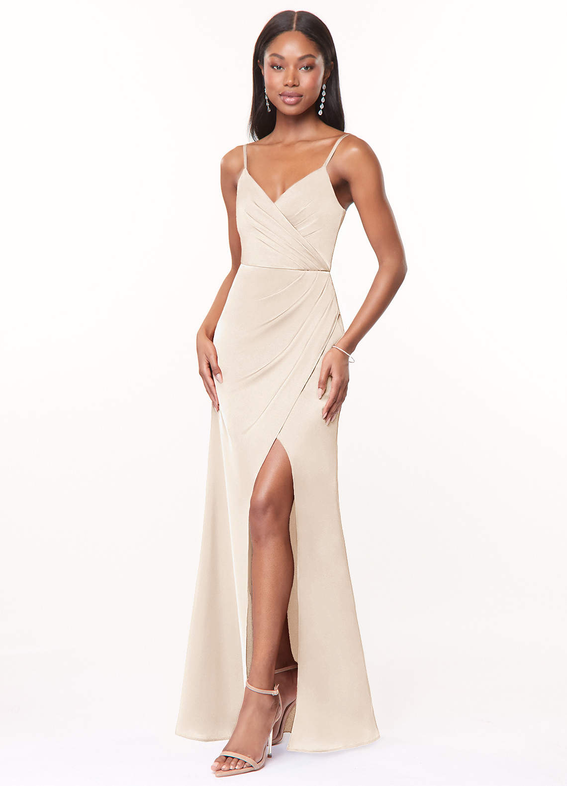 Azazie A-Line/Princess V-Neck Floor-Length Stretch Satin Bridesmaid Dresses - White Alabaster