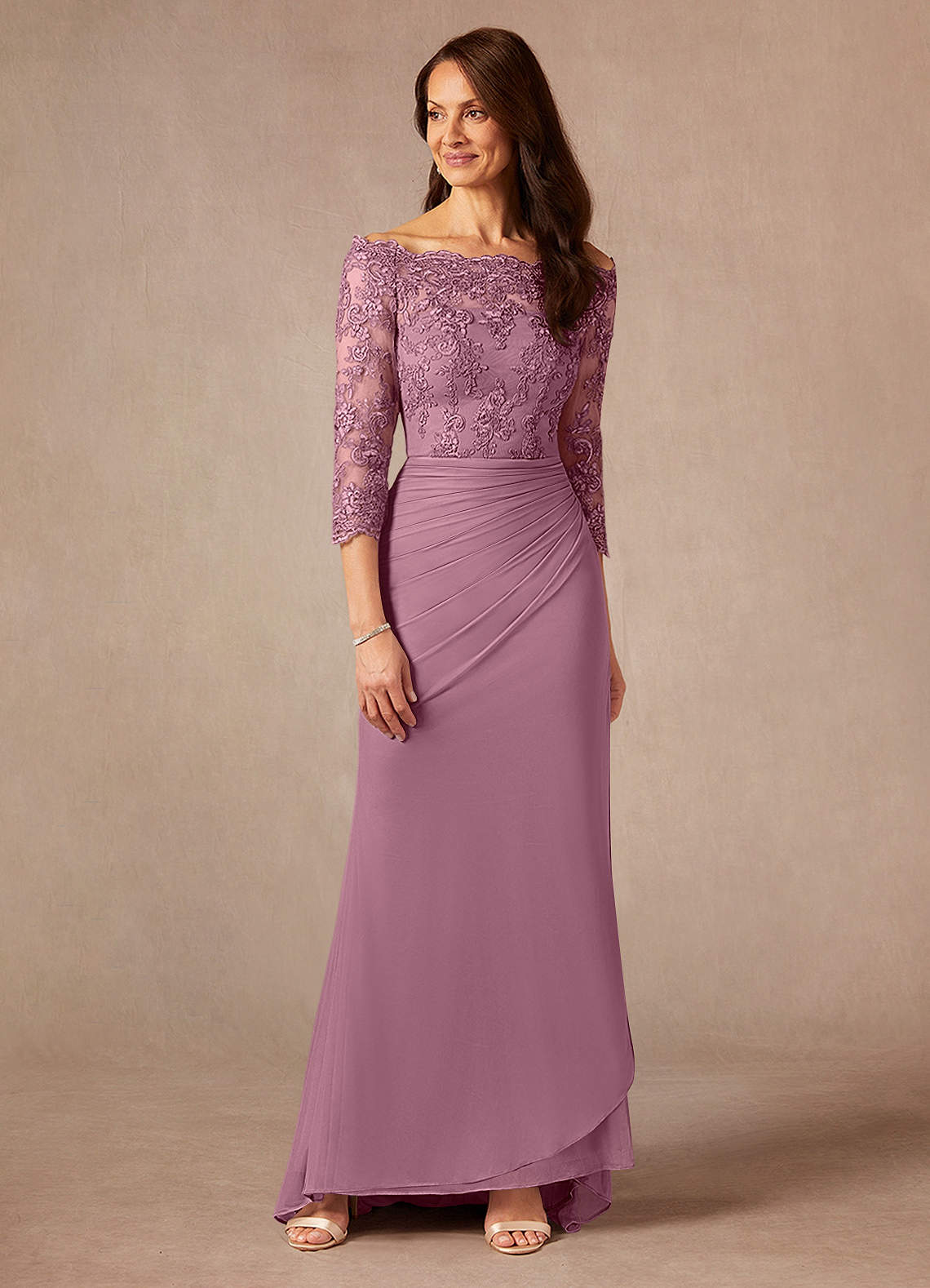 Azazie Rhonda Kleider für die Brautmutter Meerjungfrau-Linie Schulterfrei Gittergewebe Kleid Vintage Mauve image1