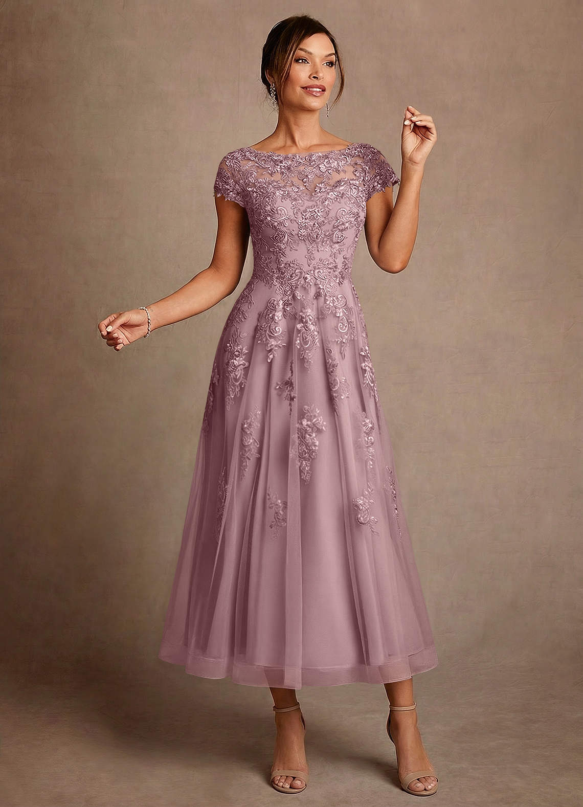 Azazie Jolanda Vestidos para mãe da noiva Vestido Rosa Empoeirada de Renda de Linha A image2