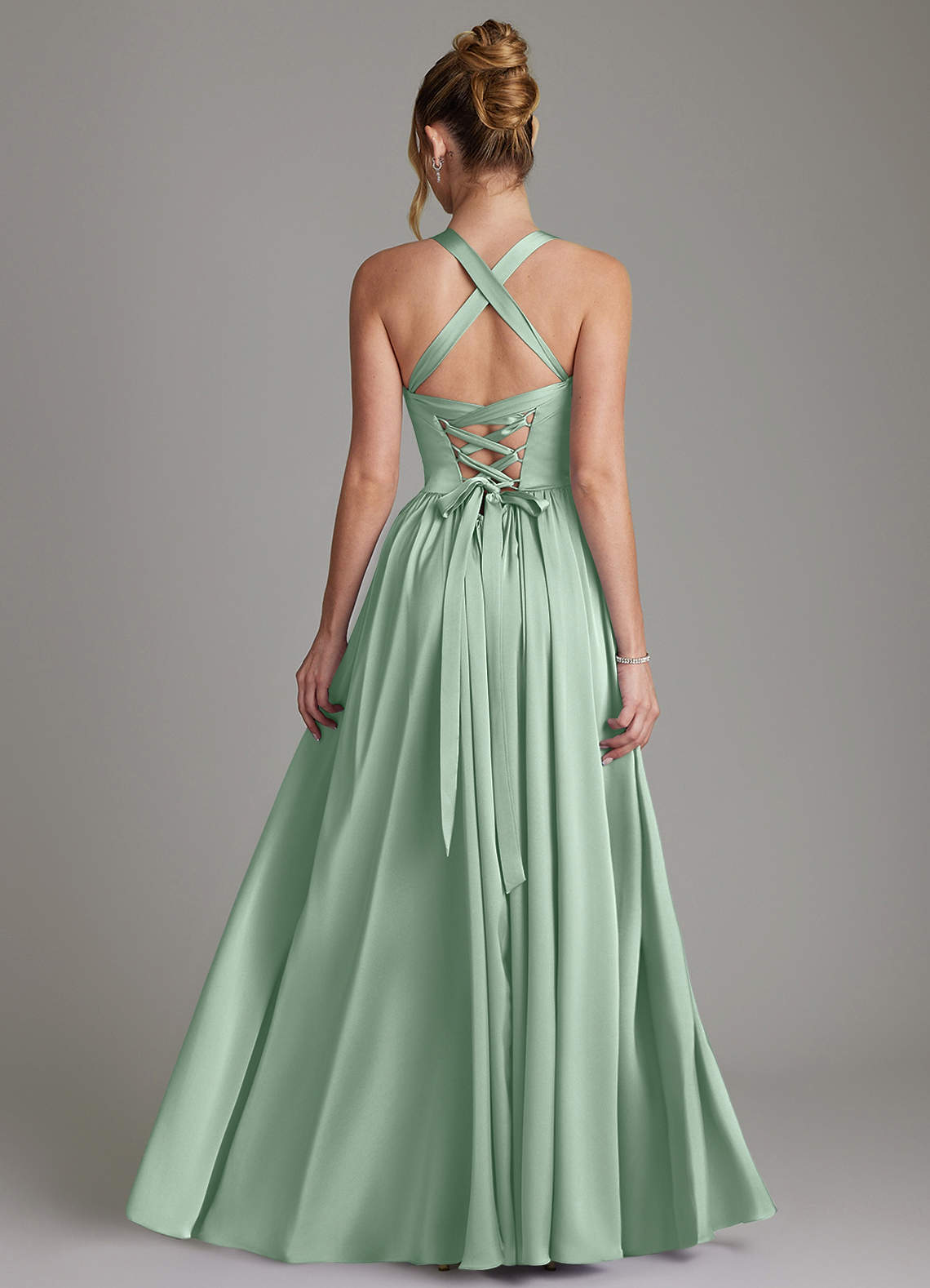 Azazie Francis Kleider zum Anprobieren zu Hause A-Linie Korsett Stretch-Satin Kleid Agave image1