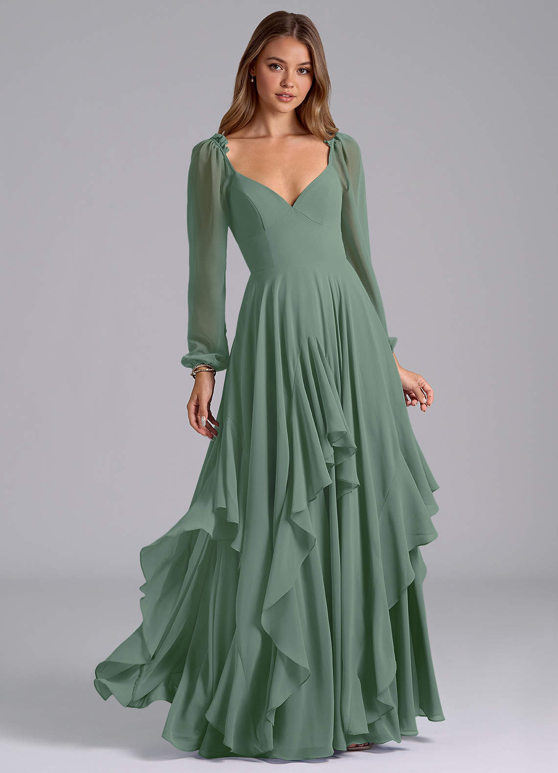 Azazie Karan Bridesmaid Dresses Eucalyptus A-Line Long Sleeve Chiffon Dress image1