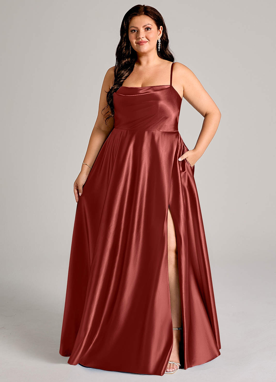 Azazie Elle Bridesmaid Dresses Terracotta A-Line with Pockets Metallic Satin Dress image1