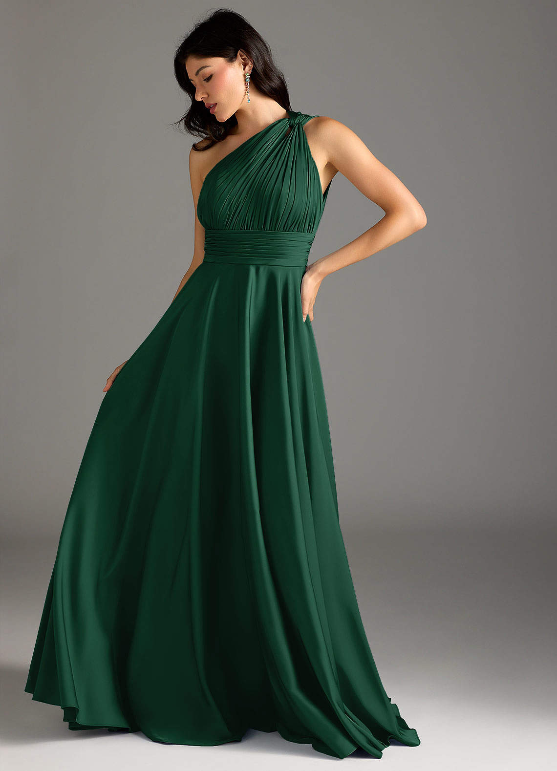 Azazie Charlize Bridesmaid Dresses Dark Green A-Line One Shoulder Stretch Satin Dress image4