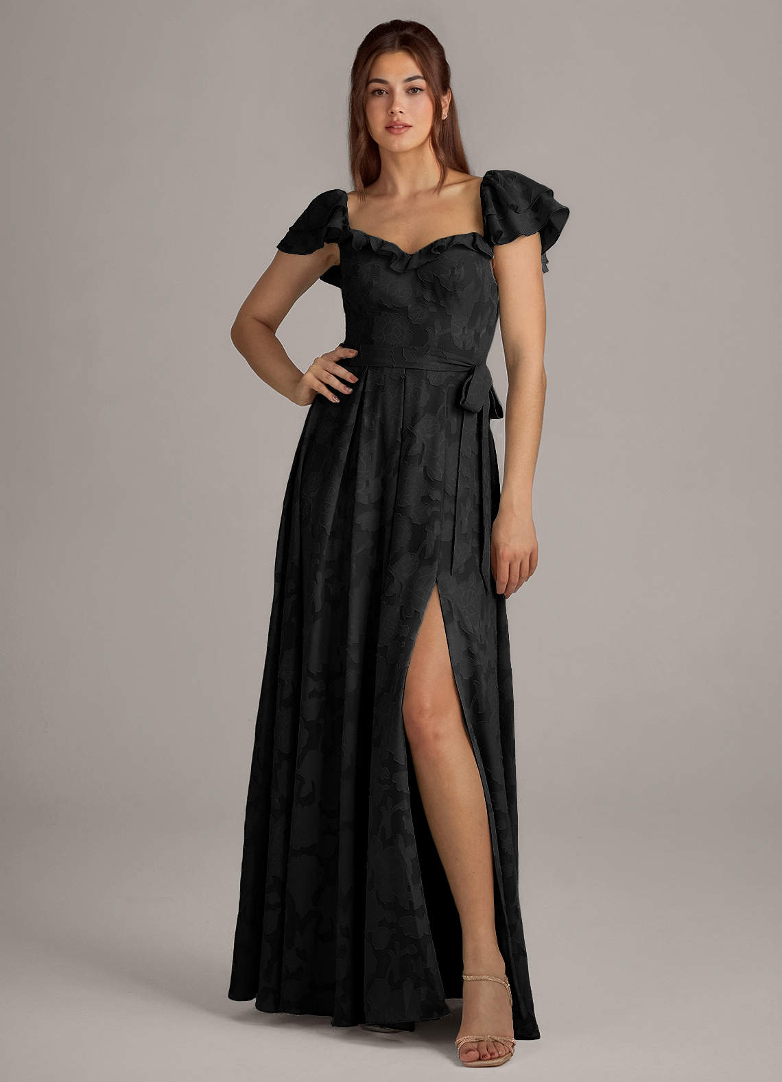 Azazie Aricella Vestidos de damas de honor Vestido de Negro de Devorado Floral de Corte en A con Corsé image1