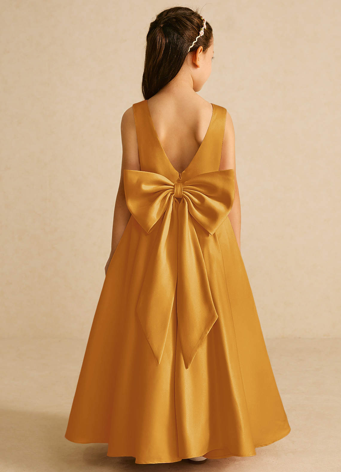 Azazie Pipsy Flower Girl Dresses Butterscotch A-Line Bow Matte Satin Dress image1