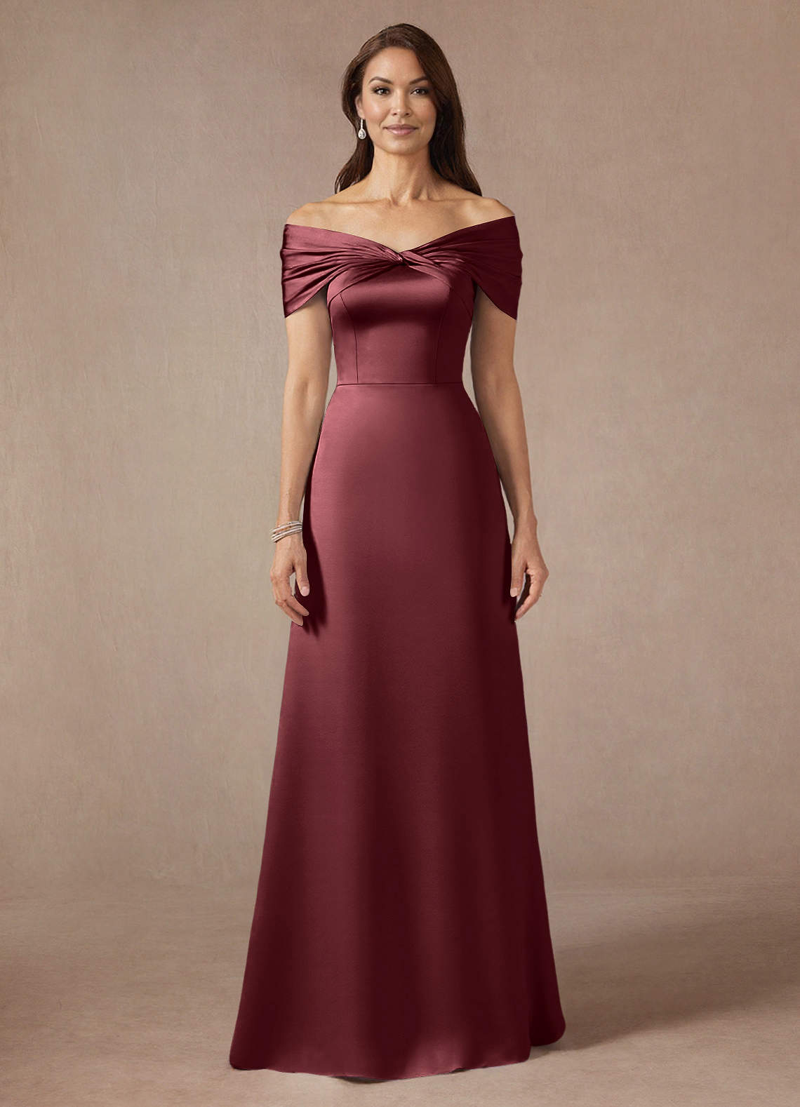 Azazie Amelia Merlot A-Line Off the Shoulder Stretch Satin Dress | Azazie