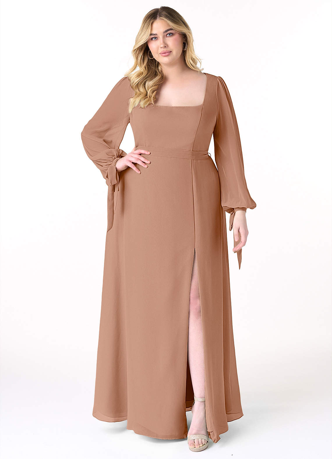 Azazie Leonia Brautjungfernkleider A-Linie Langarm Chiffon Kleid Champagner Rosa image1