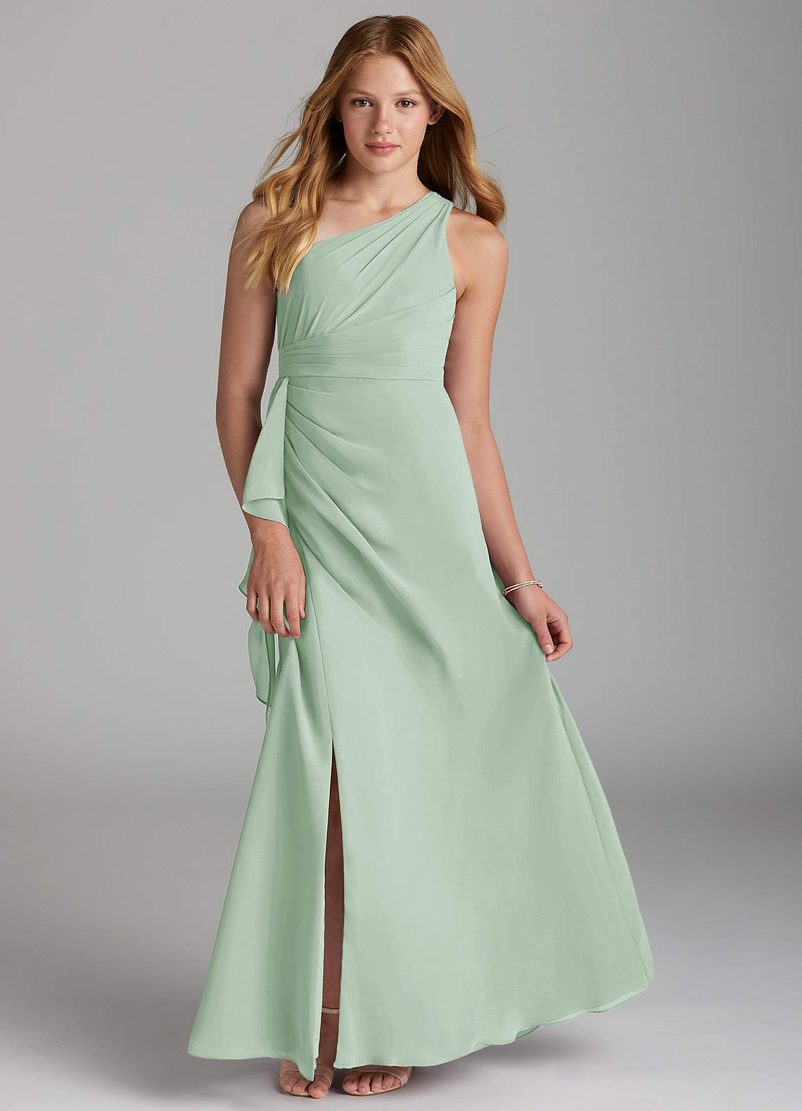 Azazie Maive Junior Agave A-Line Pleated Chiffon Dress image1