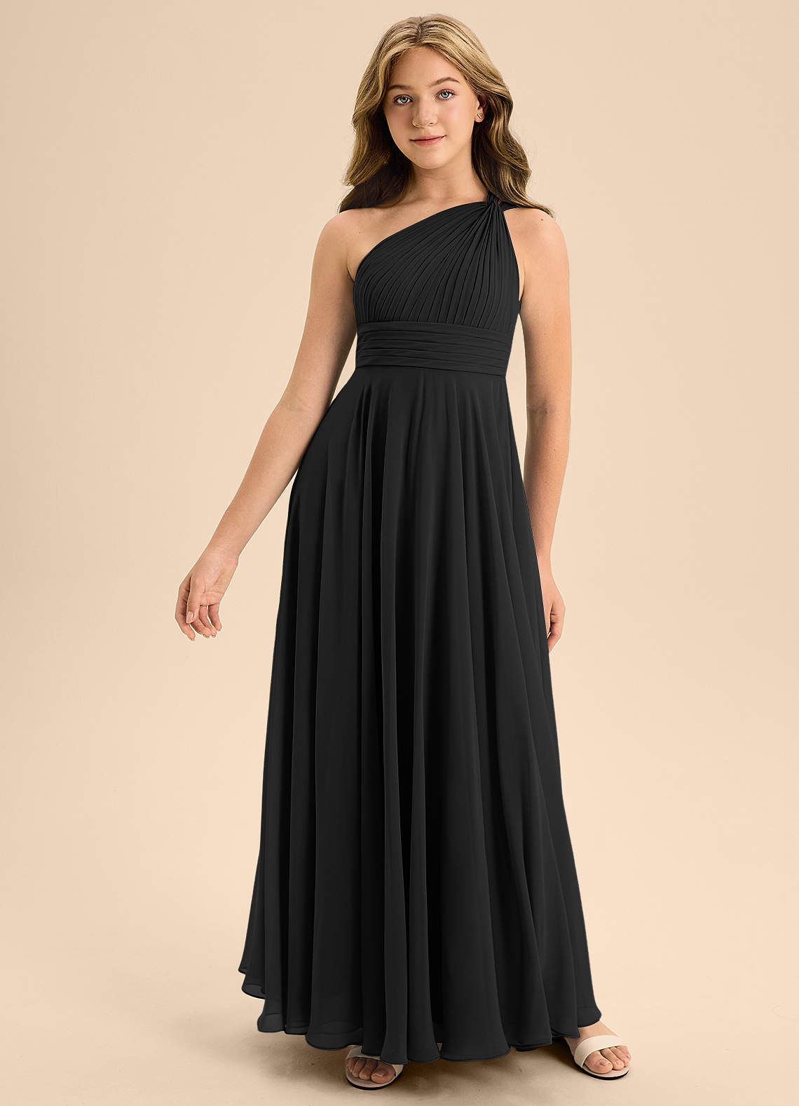 Azazie Charlize Junior Black A-Line Pleated Chiffon Dress image2