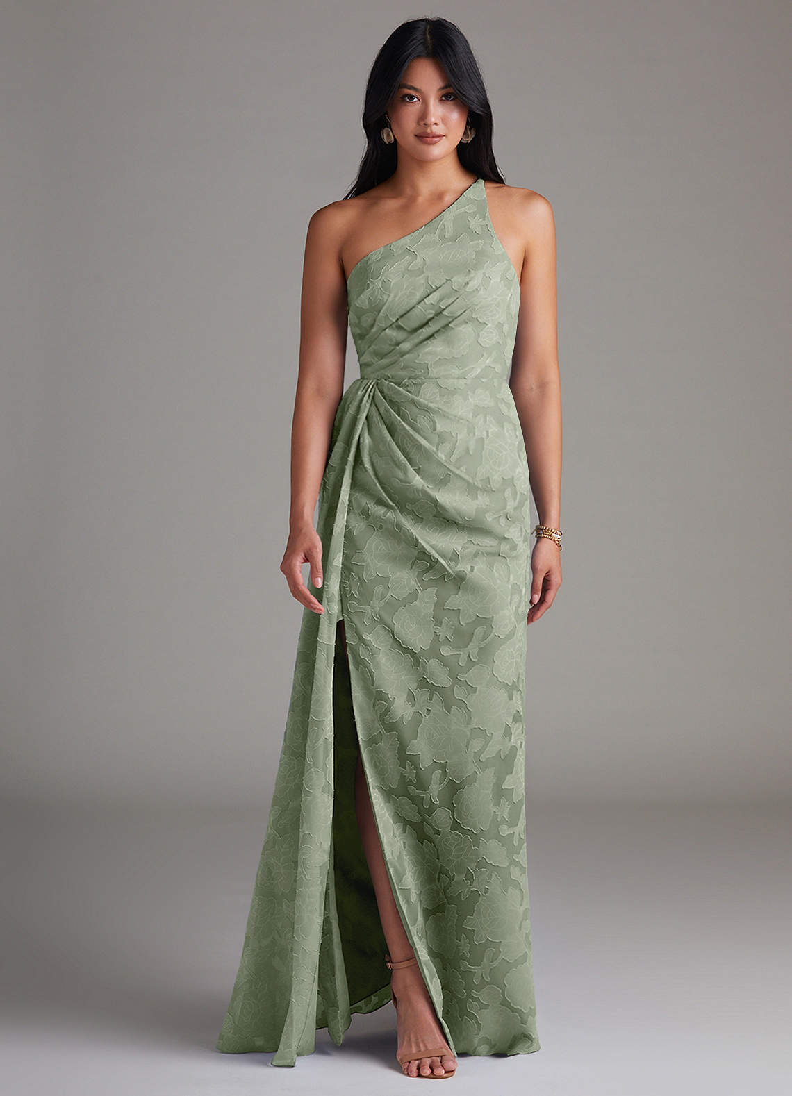 Azazie Mika Bridesmaid Dresses Agave Sheath One Shoulder Floral Burnout Dress image1