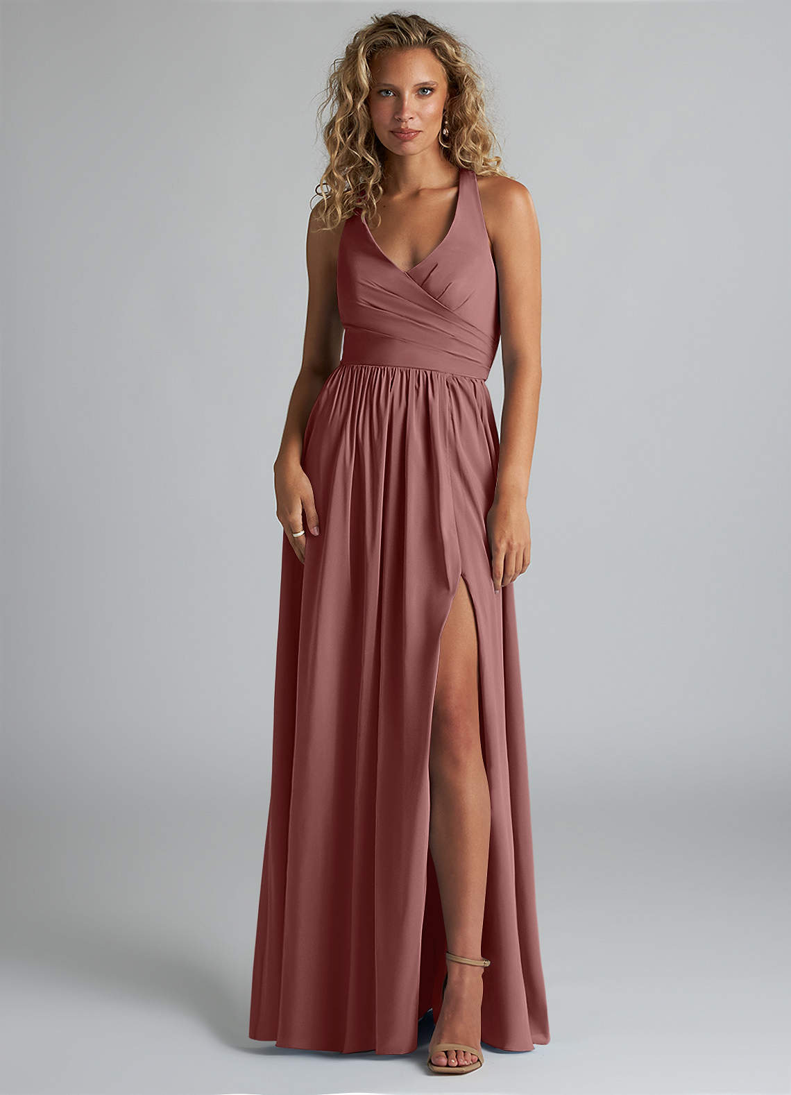 Azazie Kecia Final Sale Desert Rose A-Line V-Neck Stretch Chiffon Dress image1