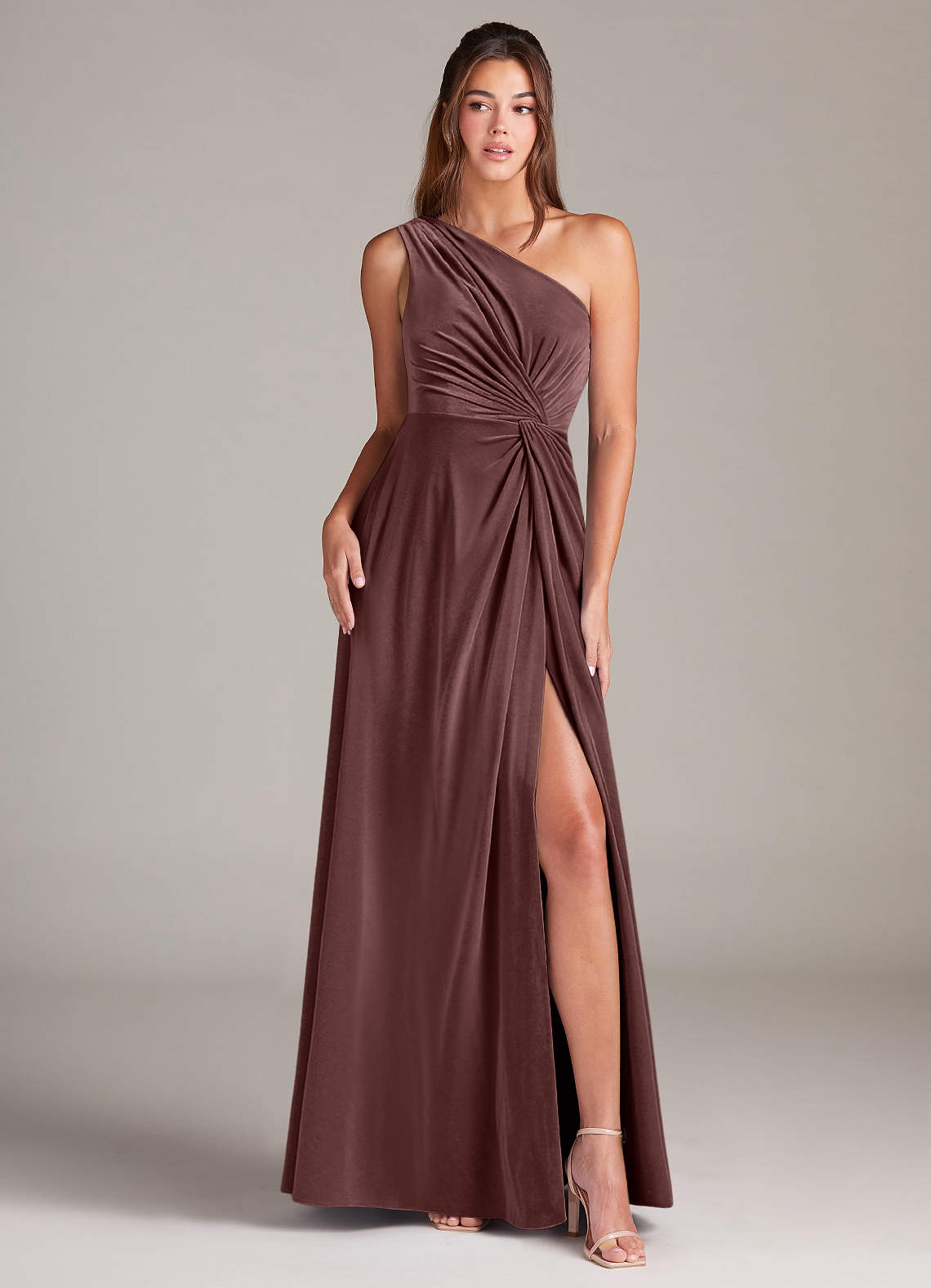 Azazie Brooke Bridesmaid Dresses Espresso A-Line One Shoulder Velvet Dress image1