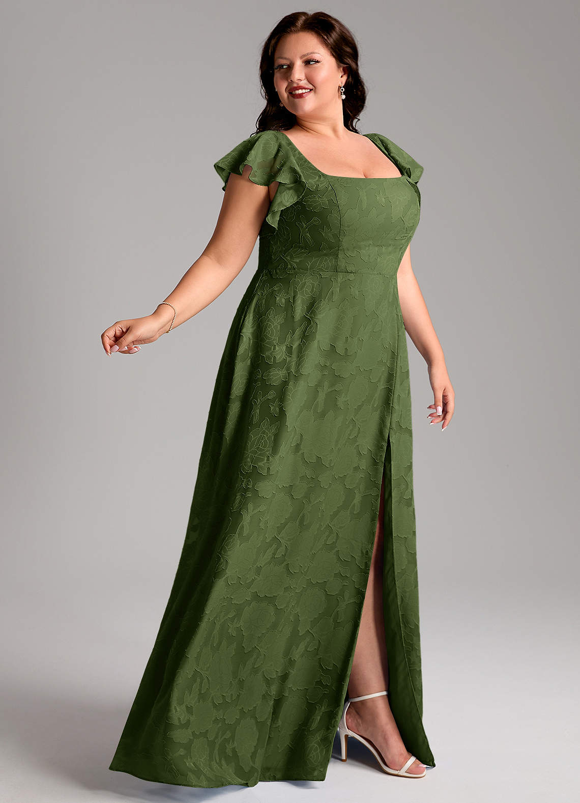 Azazie Bondi Vestidos de madrinha de casamento Vestido Oliva de Esgotamento Floral de Linha A com Fenda Lateral image8