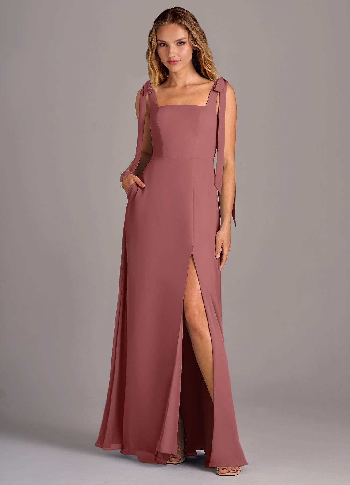 Azazie Debra Bridesmaid Dresses Amethyst A-Line with Pockets Chiffon Convertible Dress image1