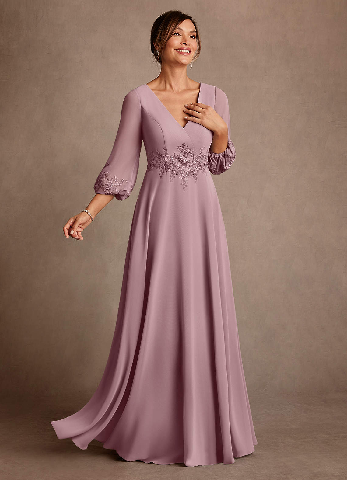 Azazie Yorba Mother of the Bride Dresses Dusty Rose A-Line Lace Chiffon Dress image1