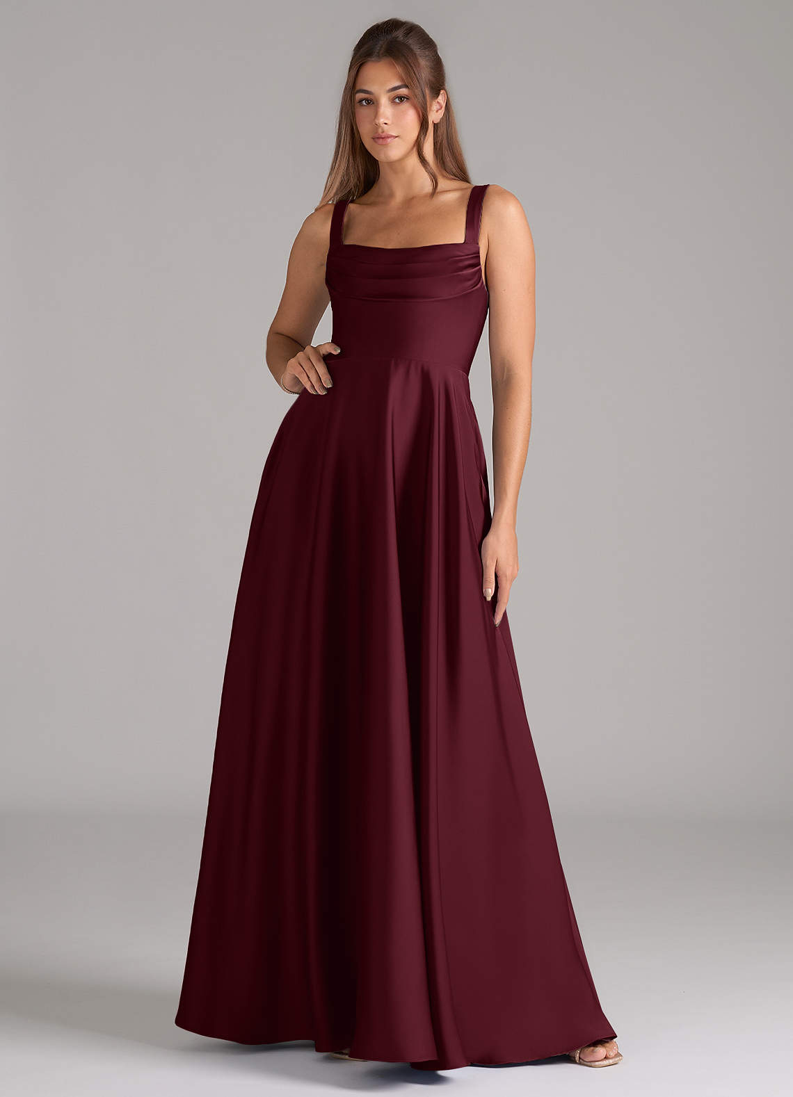 Azazie Shaude Bridesmaid Dresses Cabernet A-Line Pleated Stretch Satin Dress image1