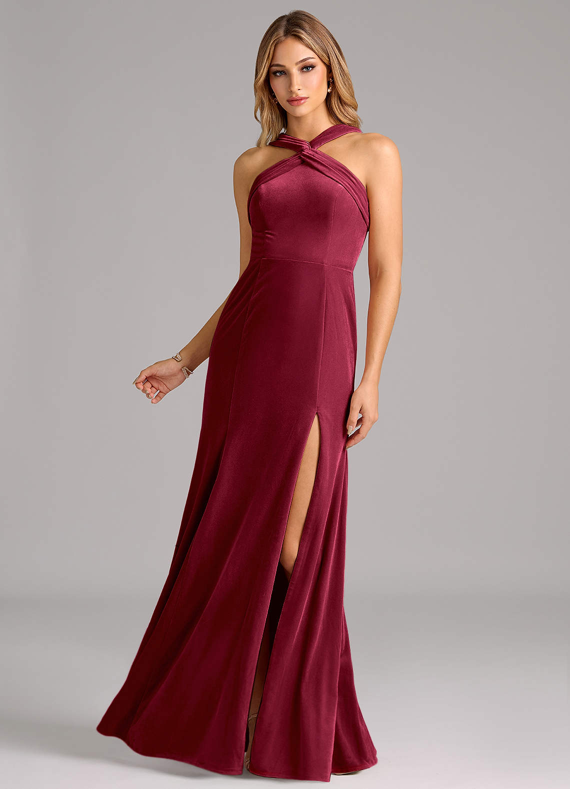 Azazie Rue Bridesmaid Dresses Burgundy A-Line Pleated Velvet Dress image1