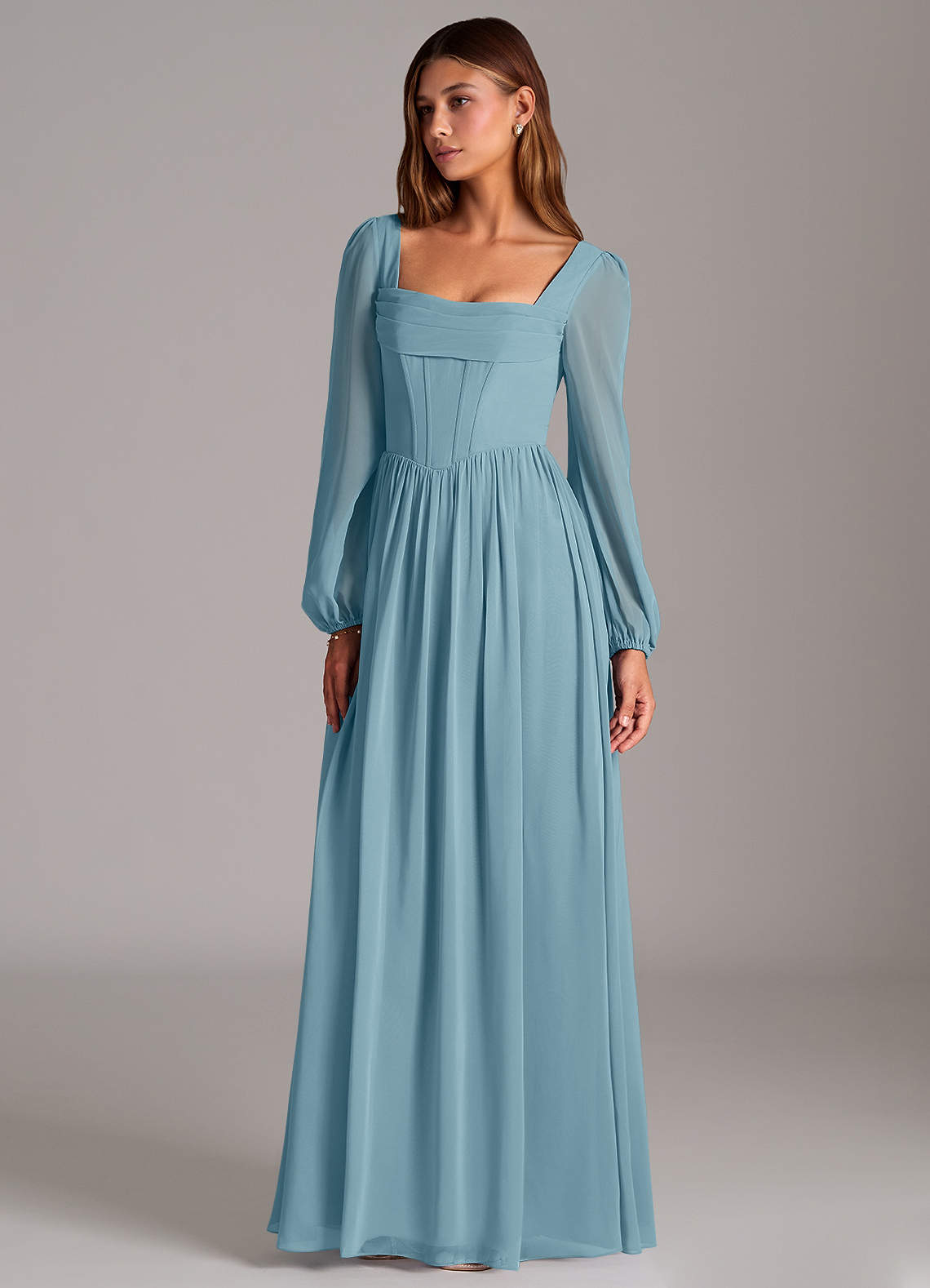 Azazie Maree Bridesmaid Dresses Moody Blue A-Line Corset Chiffon Dress image1