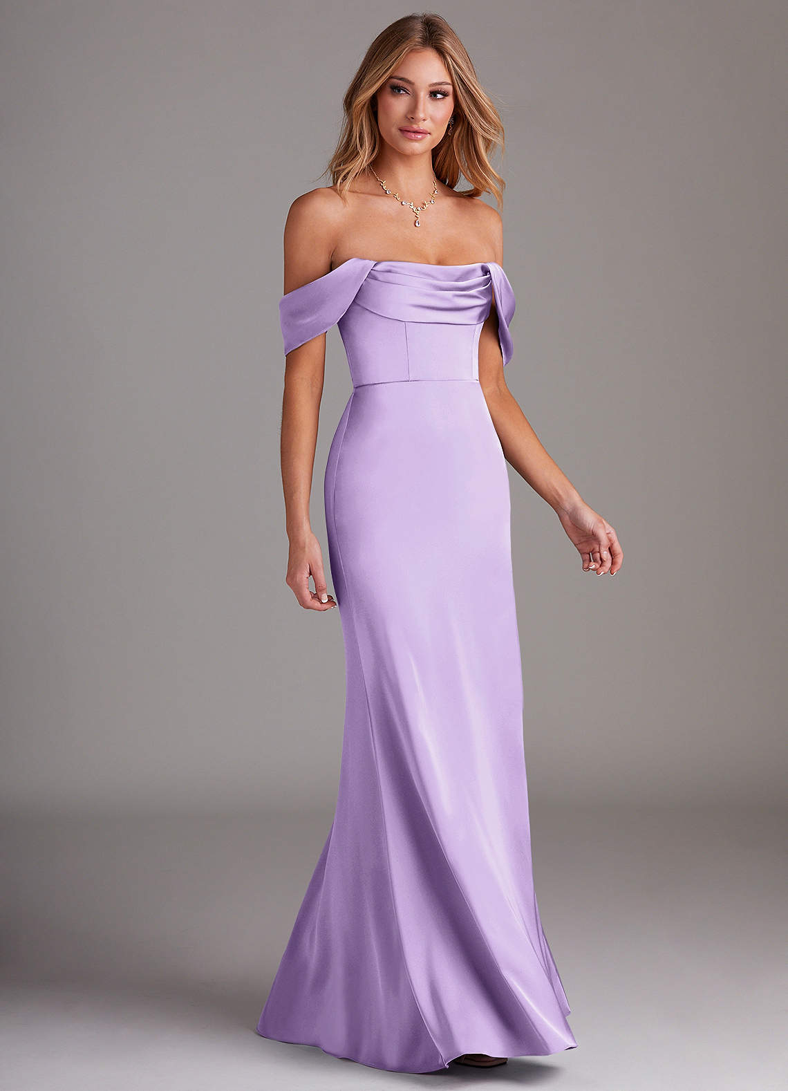 Azazie Saige Bridesmaid Dresses Lilac Sheath Off the Shoulder Stretch Satin Dress image5