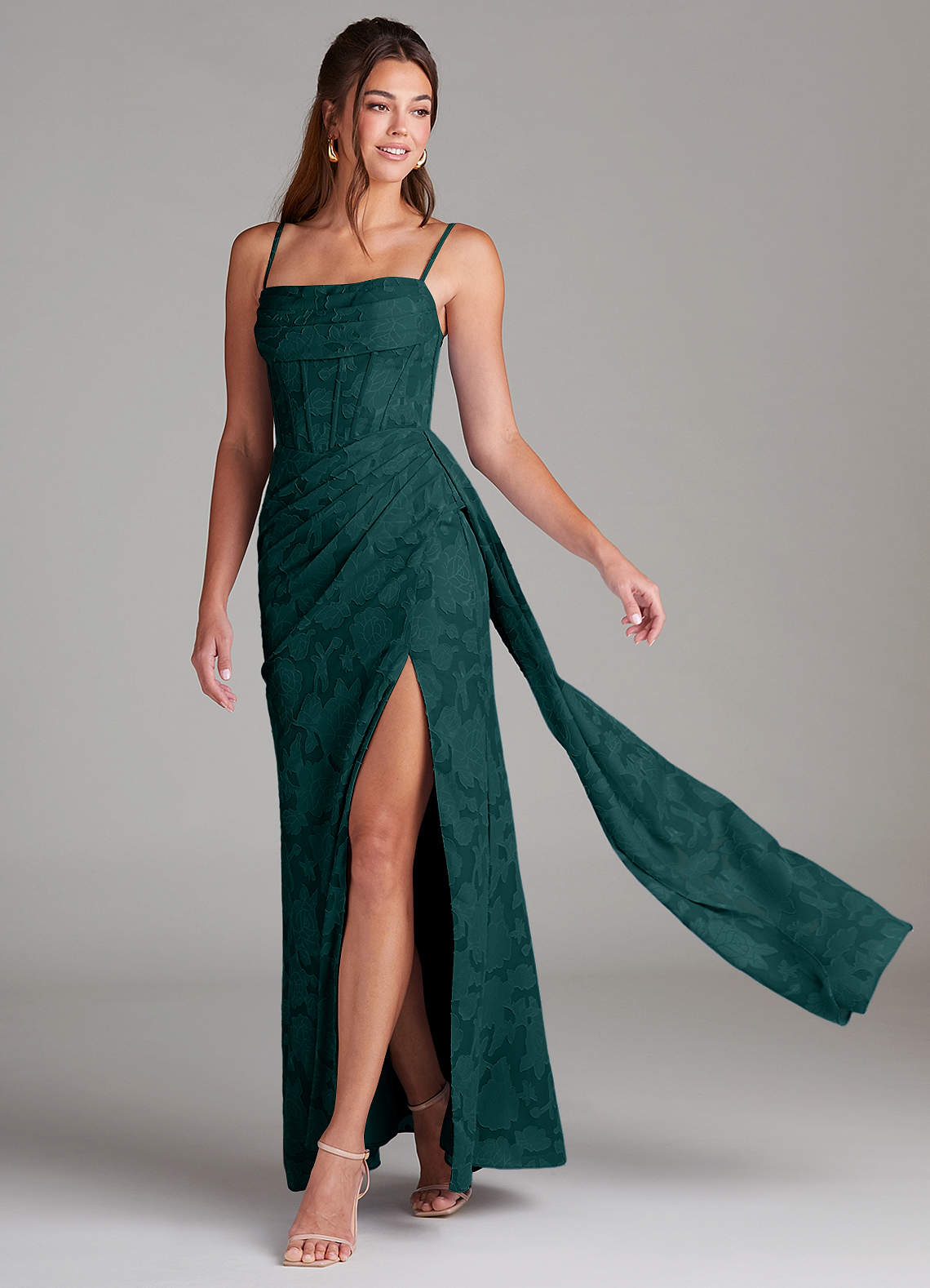 Azazie Denisa Bridesmaid Dresses Pine Sheath Pleated Floral Burnout Dress image1