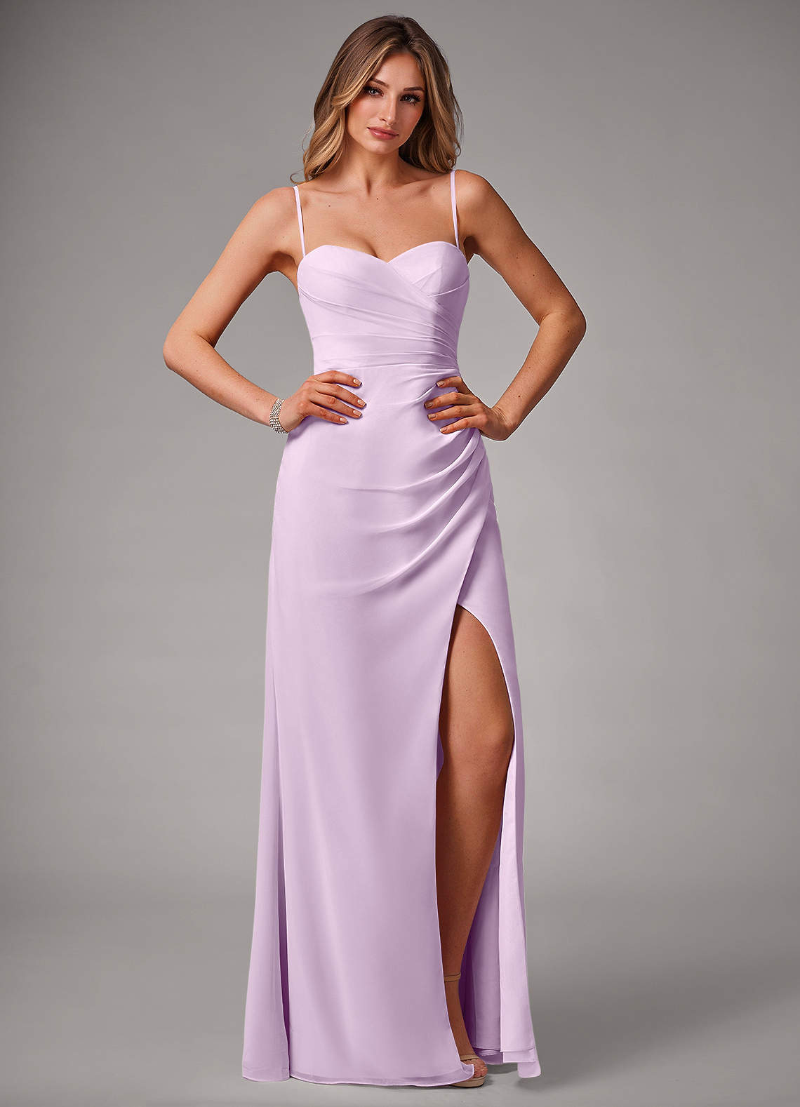 Azazie Haisley Bridesmaid Dresses Frosted Lilac Sheath Off the Shoulder Chiffon Convertible Dress image1