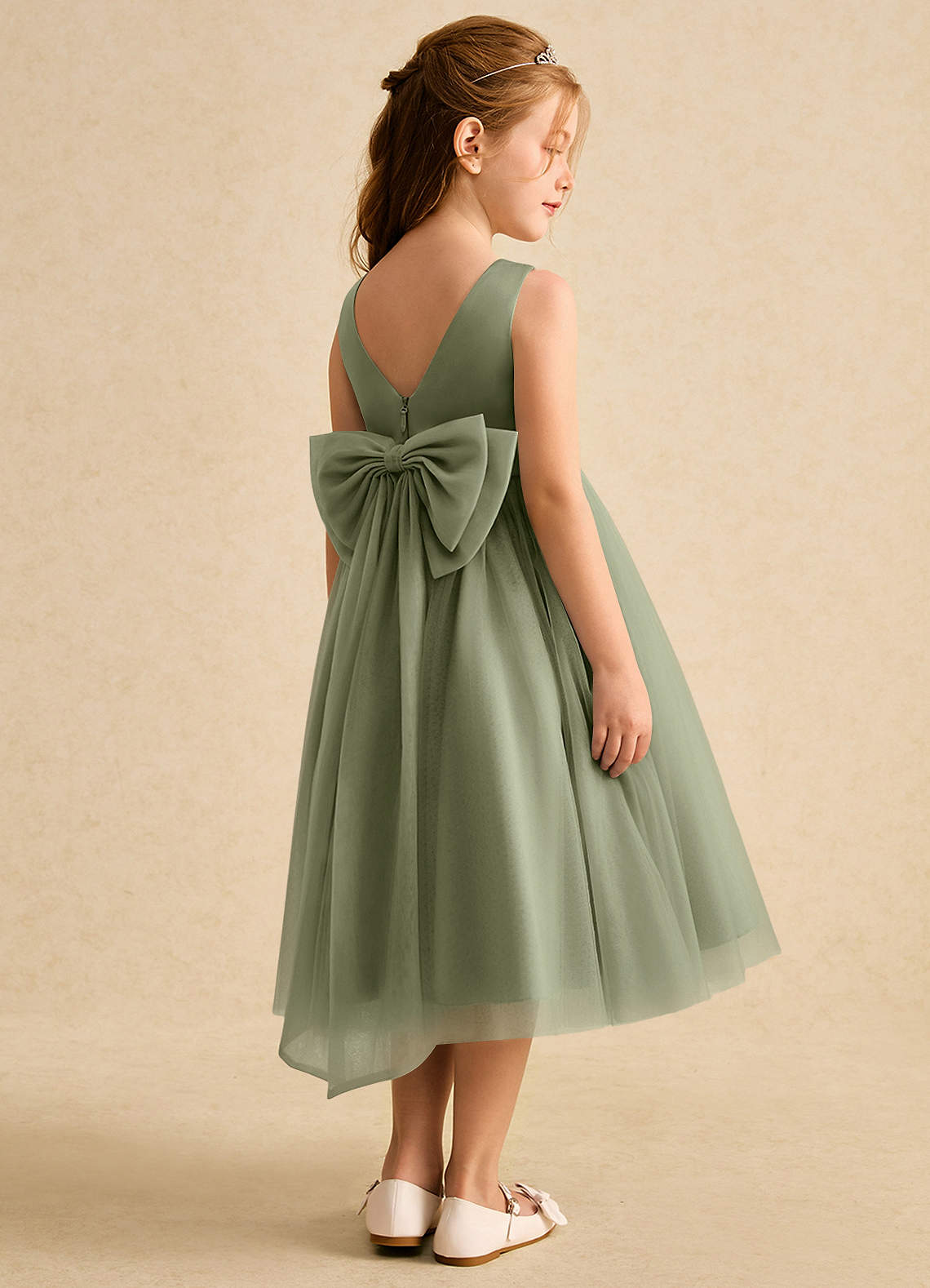 Azazie Winnie Flower Girl Dresses Pistachio Ball-Gown Bow Tulle Dress image2