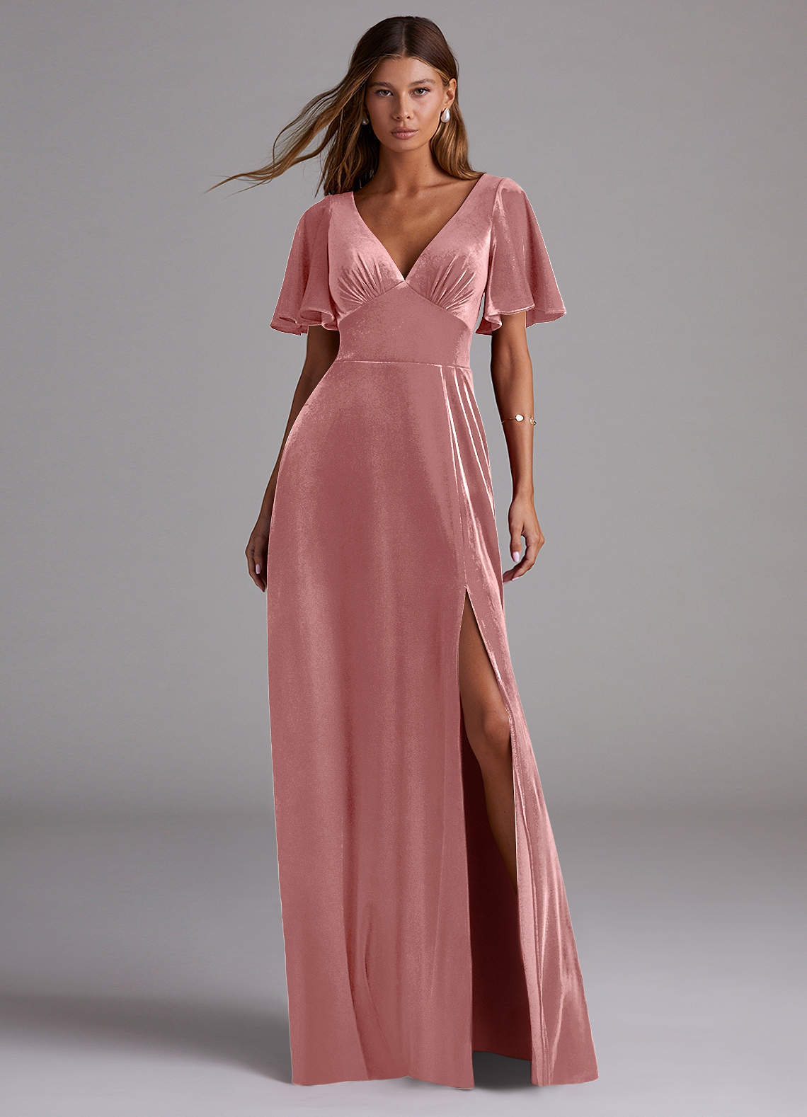 Azazie Kimber Bridesmaid Dresses Dusty Rose A-Line with Pockets Velvet Dress image1