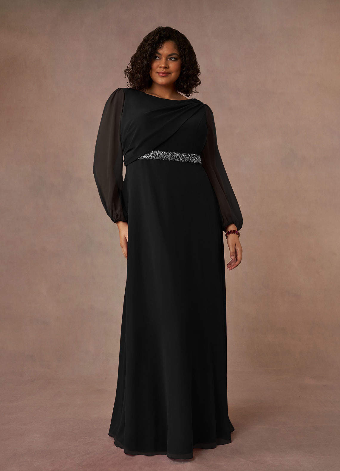 Azazie Priyanka Mother of the Bride Dresses Black A-Line Boatneck Pleated Chiffon Dress image1