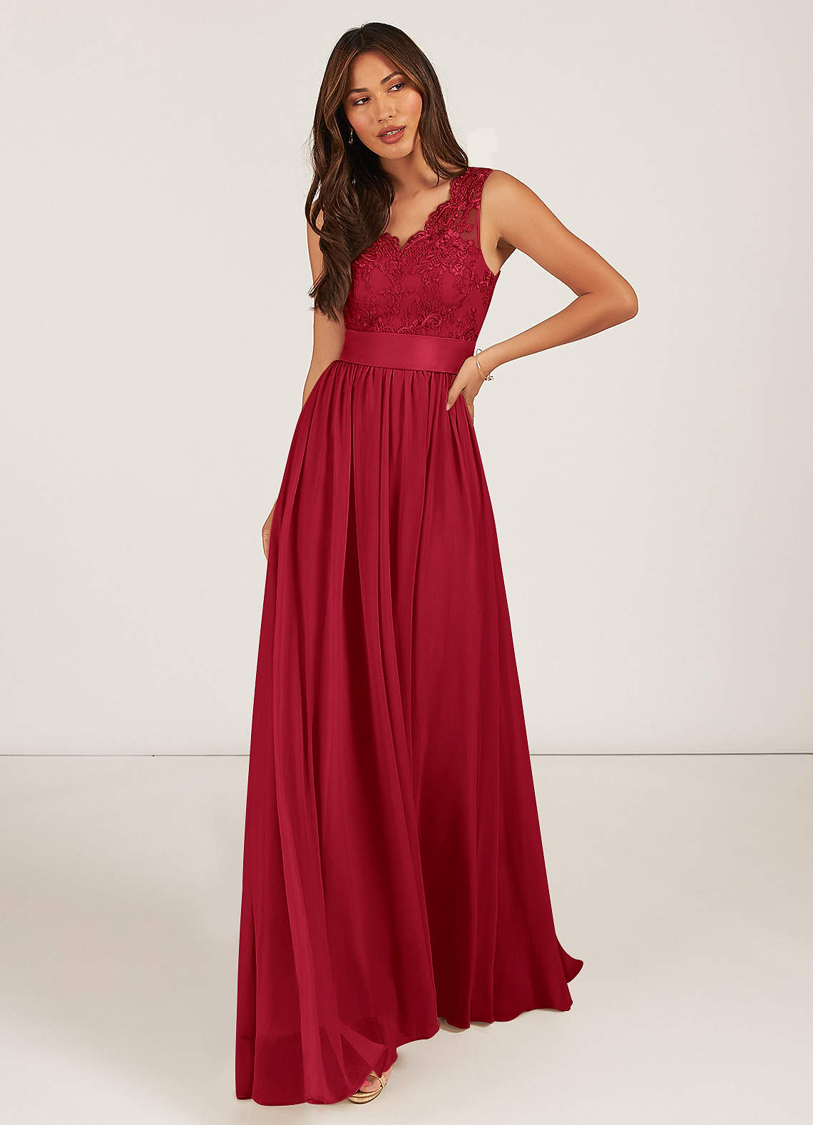 Azazie Gertrude Brautjungfernkleider A-Linie Spitze Chiffon Kleid Scharlachrot image1