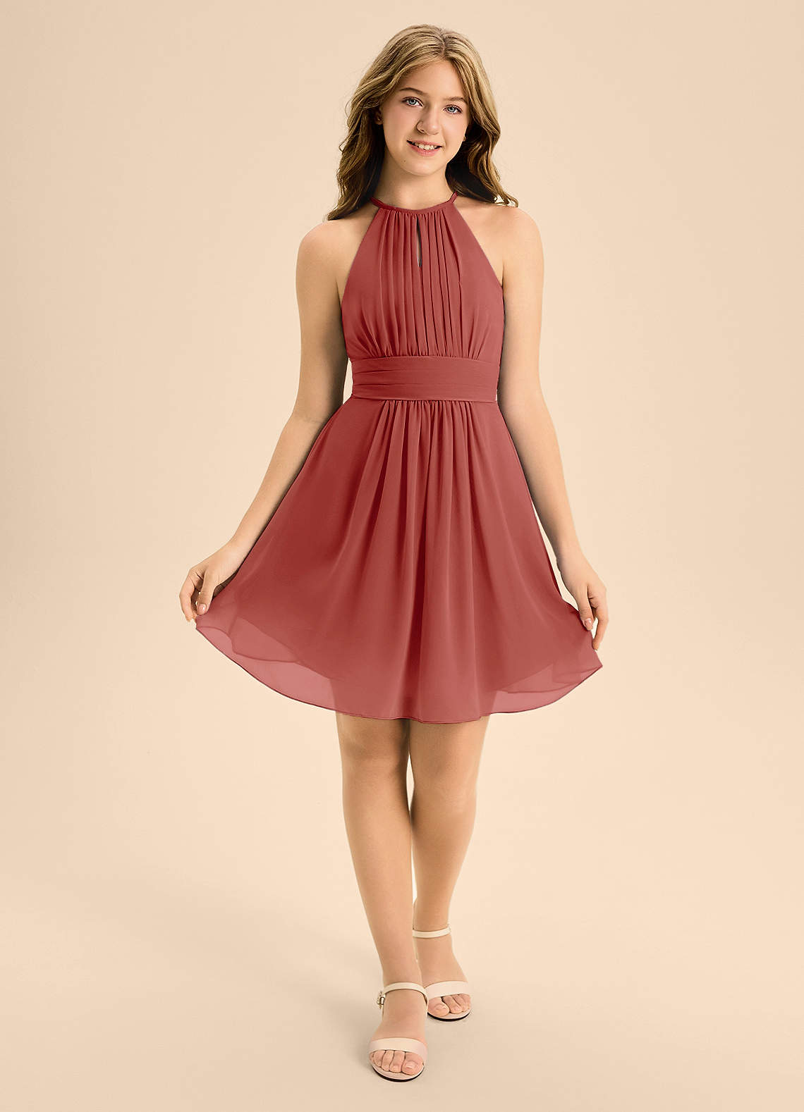 Azazie Bonnie Junior Terracotta A-Line Pleated Chiffon Dress image1
