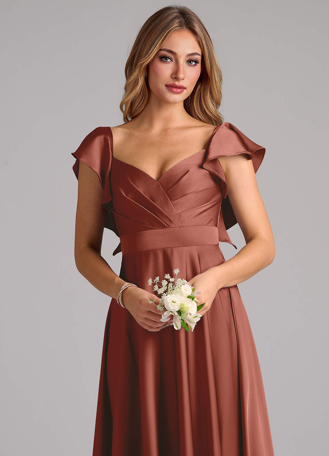 Azazie Leilani Bridesmaid Dresses Auburn A-Line Ruched Stretch Satin Dress image4