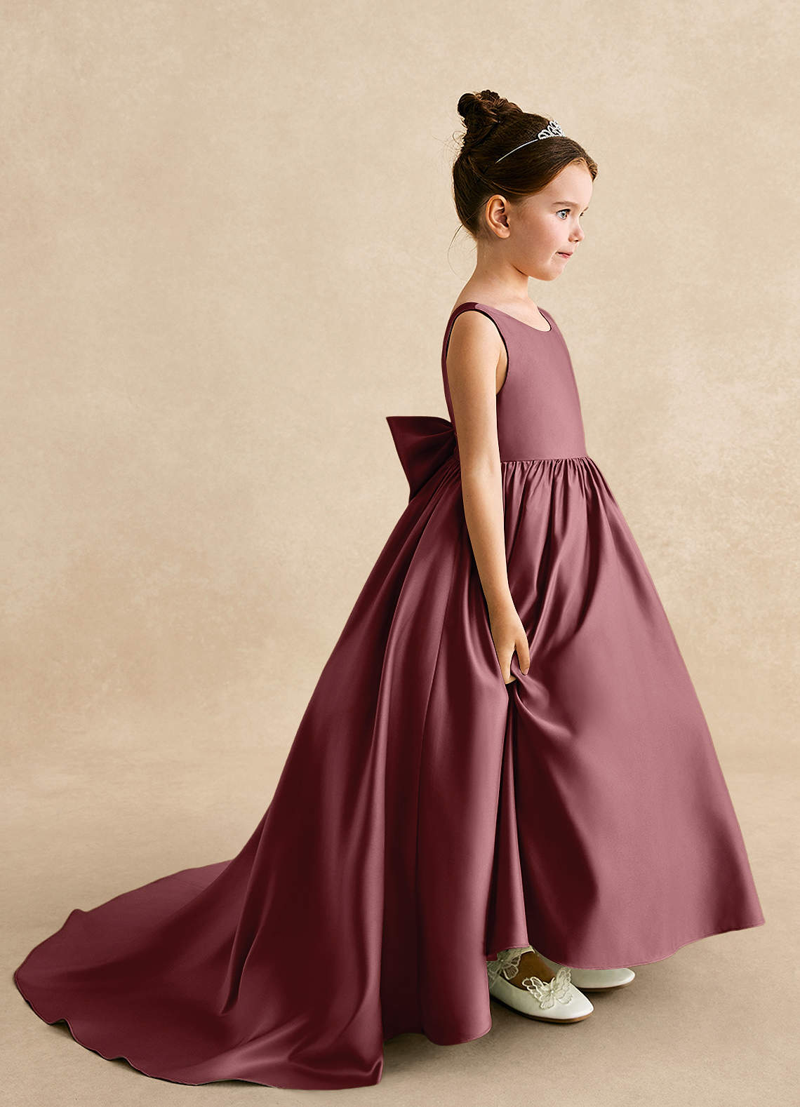 Azazie Mimia Flower Girl Dresses Desert Rose A-Line Bow Matte Satin Dress image1