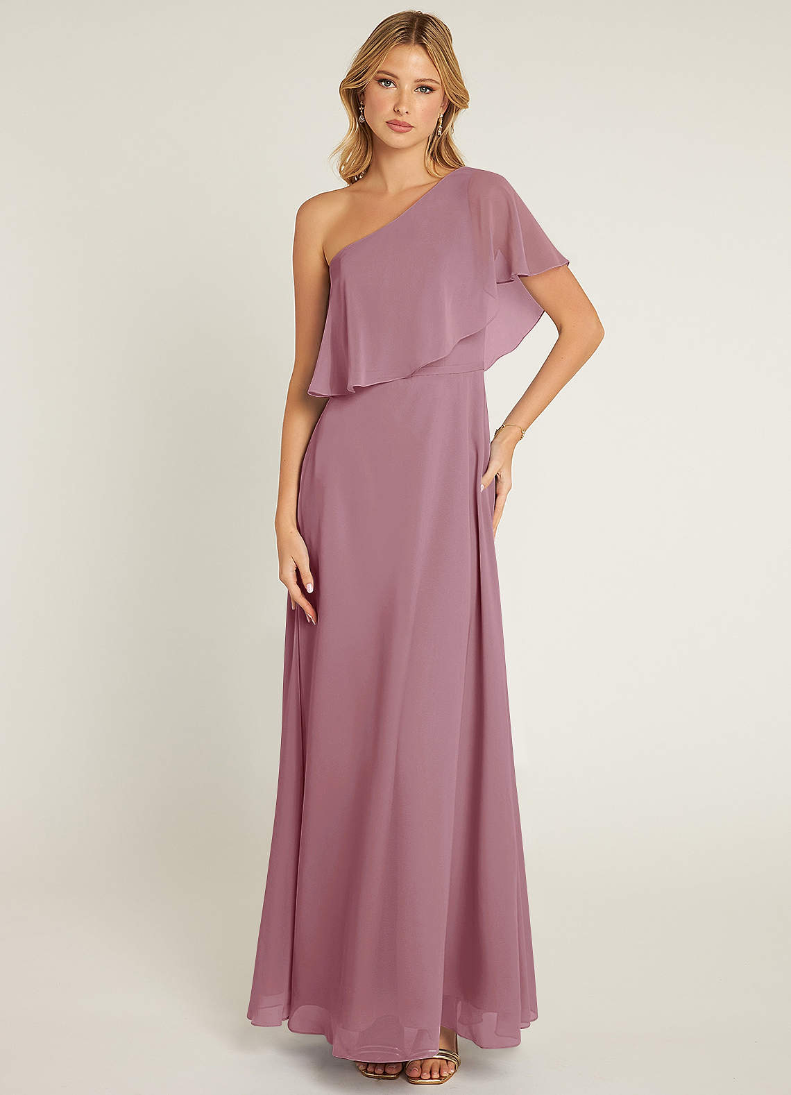Azazie Lizzy Bridesmaid Dresses Vintage Mauve A-Line One Shoulder Chiffon Dress image1