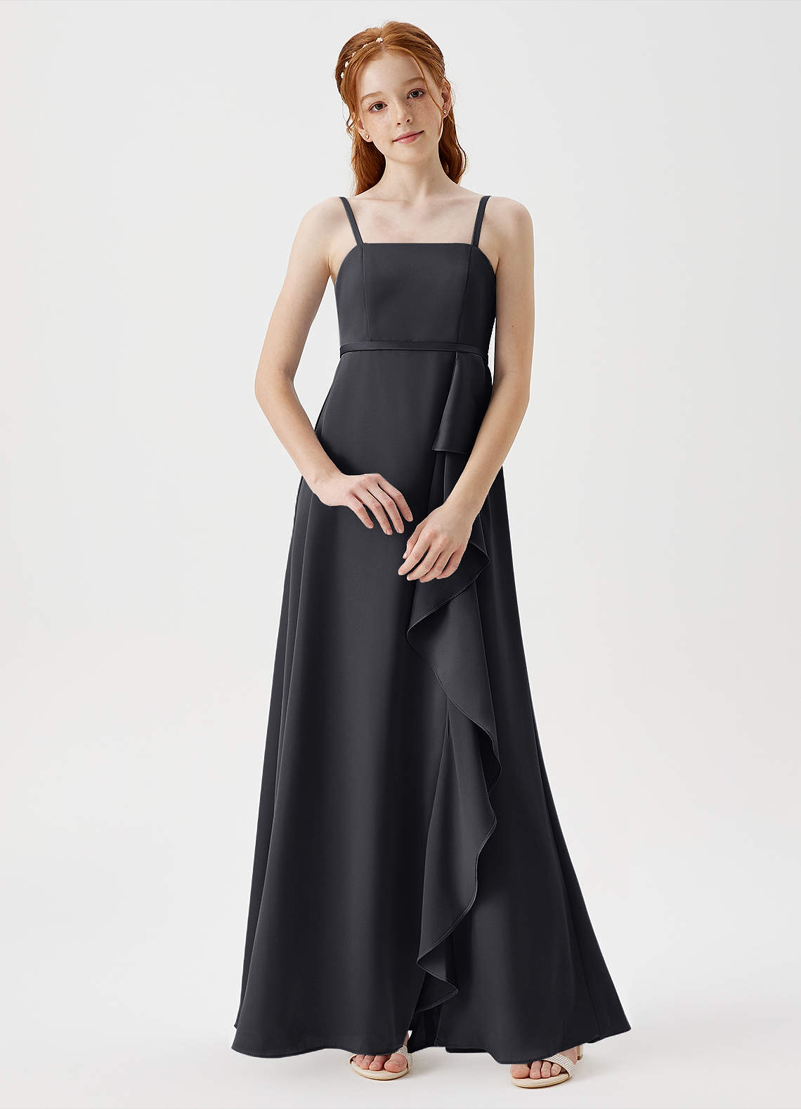 Azazie Kaylee Junior Black A-Line with Belt Stretch Satin Dress image1