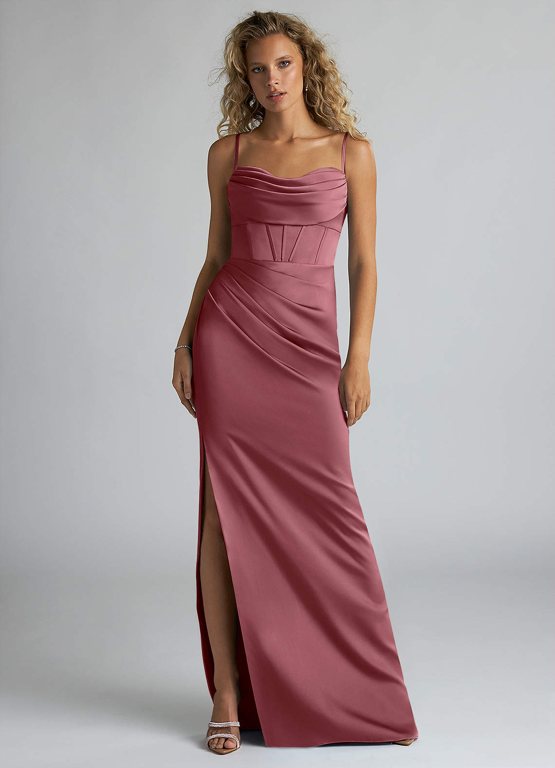 Azazie Mai Bridesmaid Dresses Desert Rose Sheath Pleated Stretch Satin Dress image1
