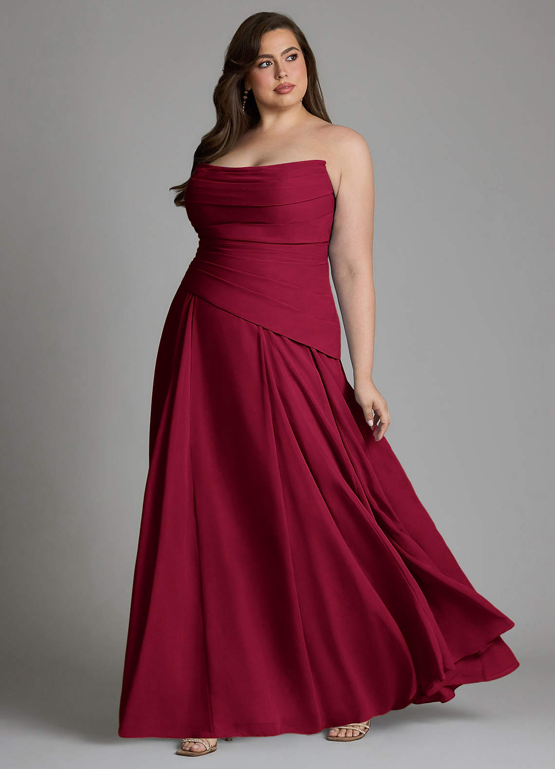 Azazie Gabriela At-home Try On Dresses Burgundy A-Line Corset Chiffon Dress image16