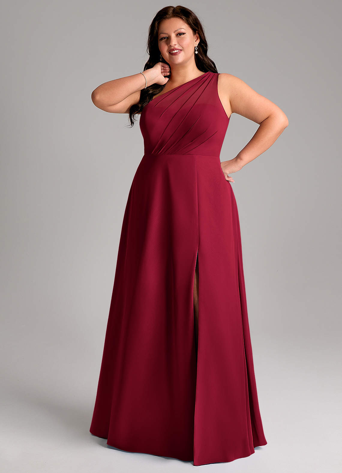 Azazie Phaedra Vestidos de madrinha de casamento Vestido Borgonha de Chiffon de Linha A com Um ombro image14
