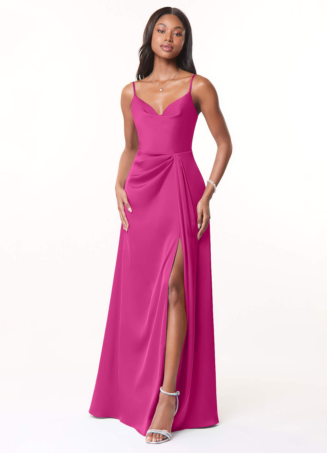 Azazie Brielle Bridesmaid Dresses Fuchsia A-Line Cowl Spaghetti Straps Stretch Satin Dress image1