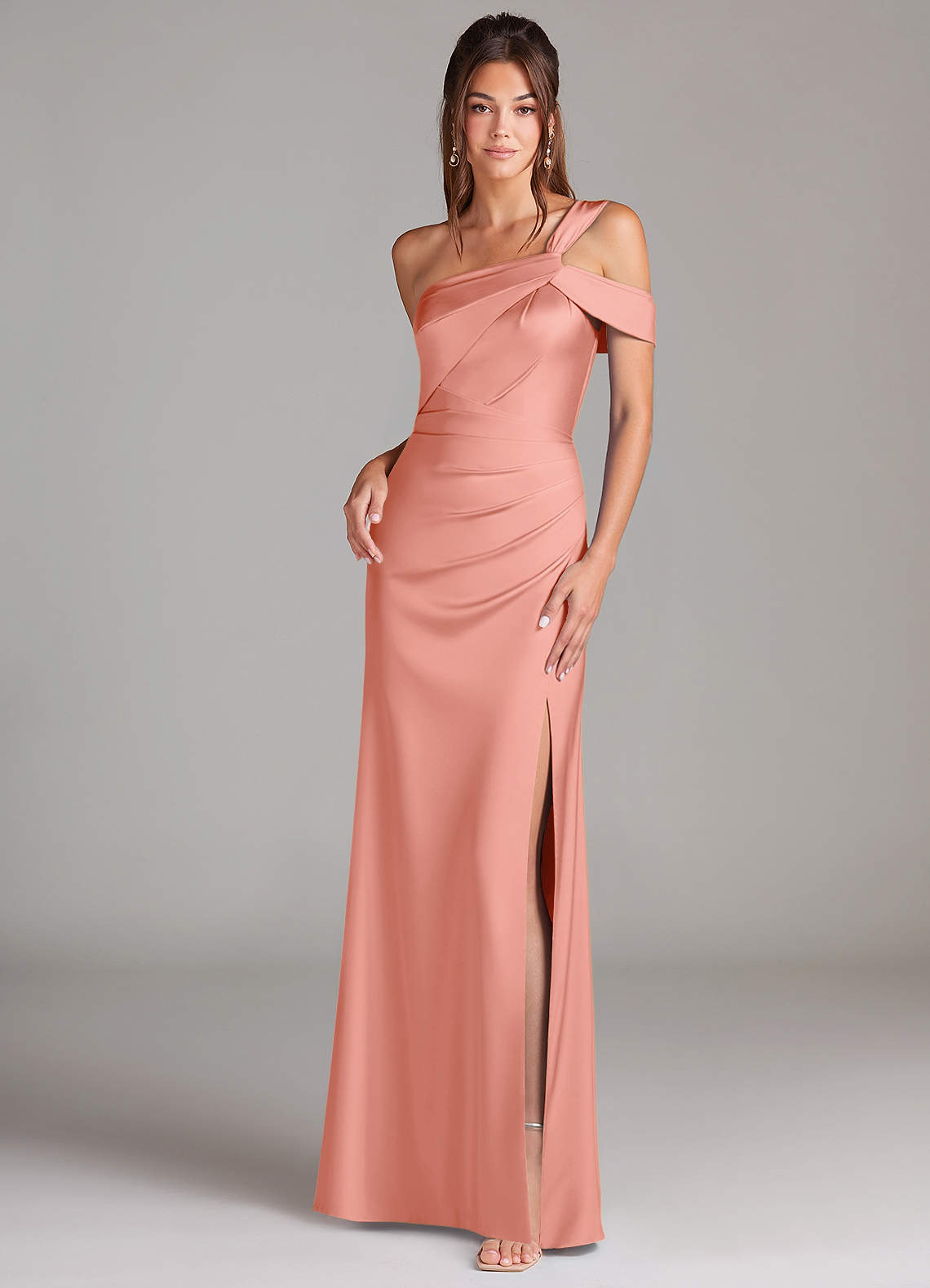 Azazie Wynter Bridesmaid Dresses Coral Sheath Off the Shoulder Stretch Satin Dress image1