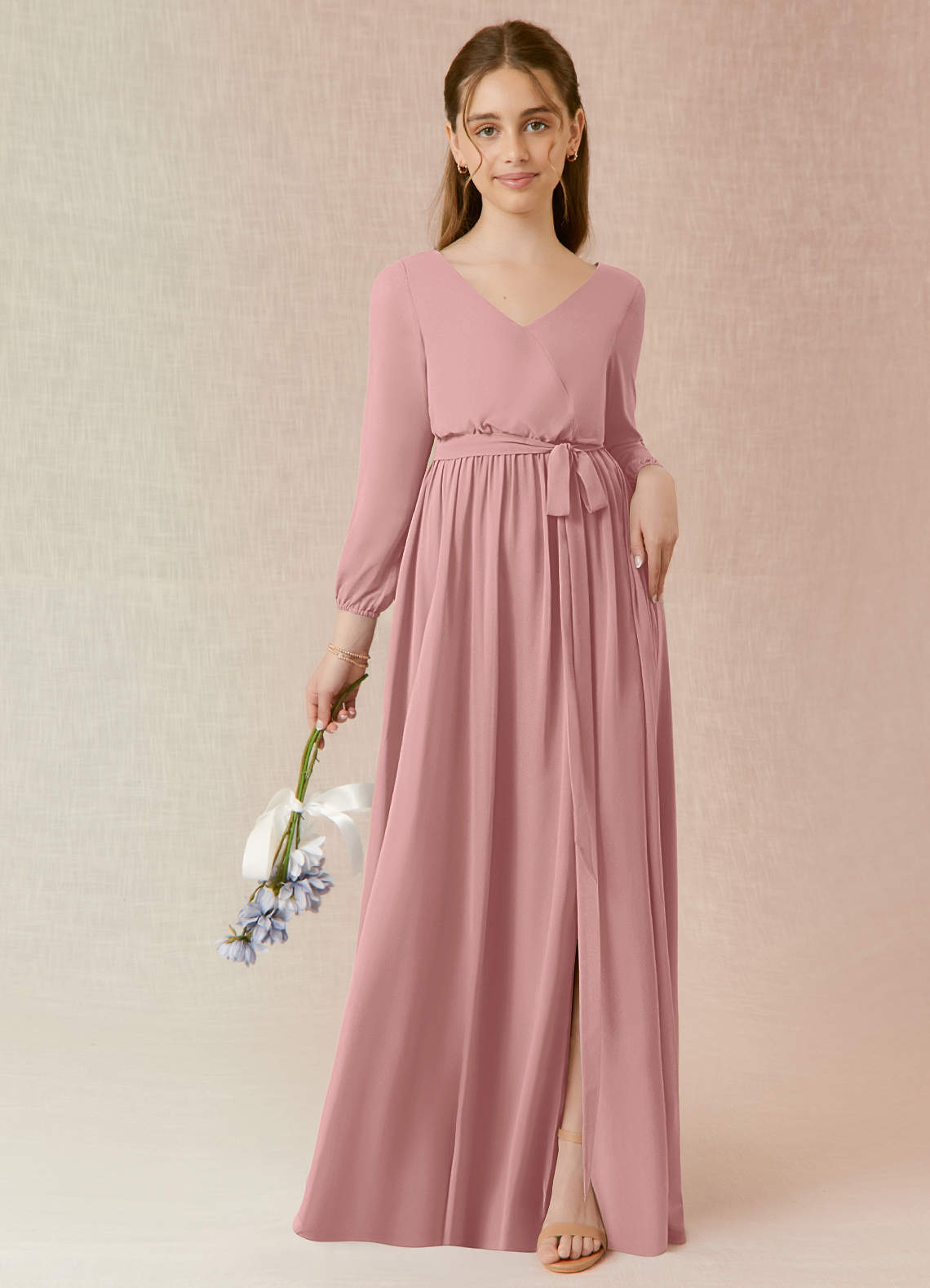 Azazie Angelica Junior Jurk van Chiffon met A-Lijn Geplooid Stoffige Roos image1