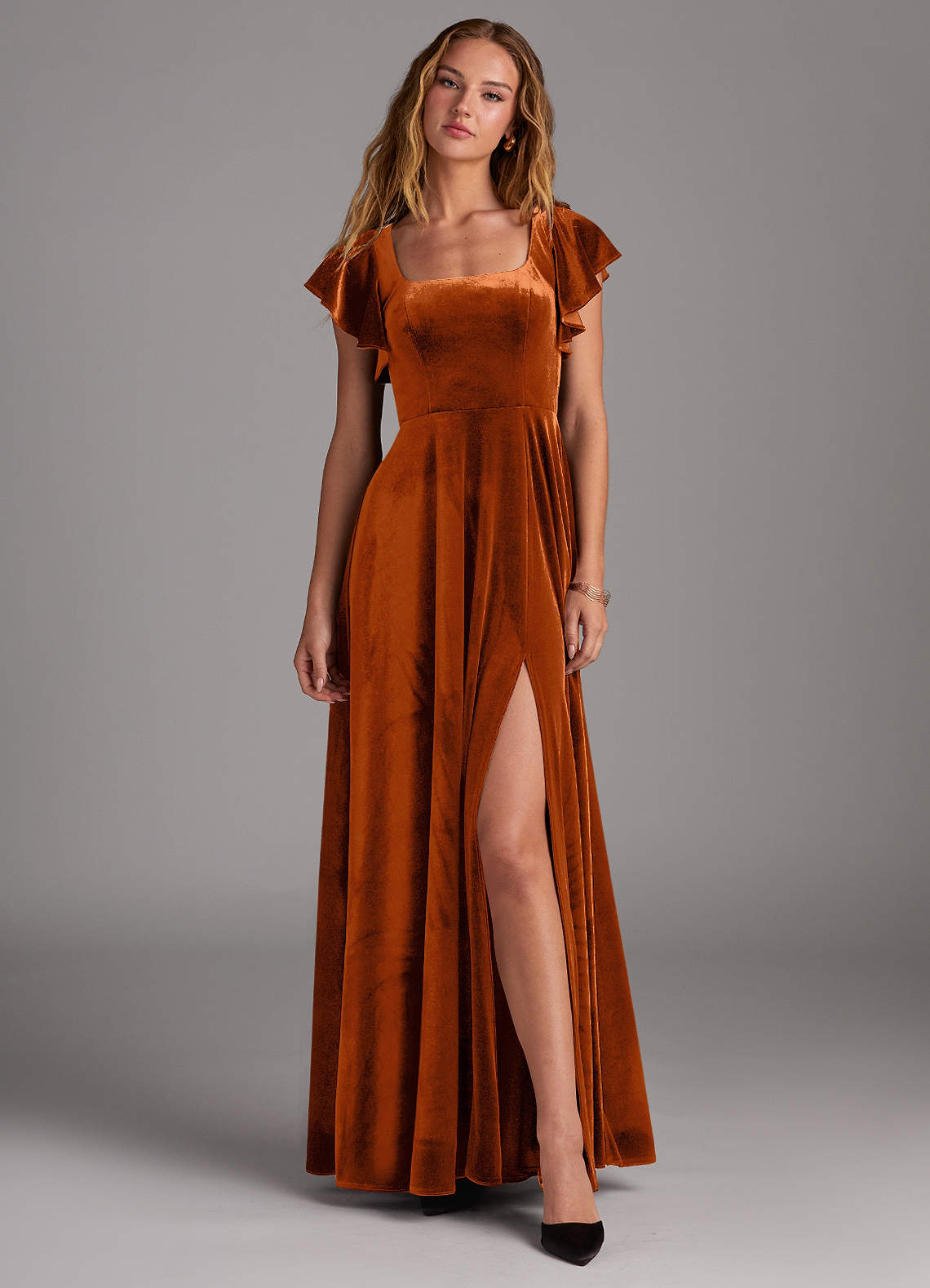 velvet orange bridesmaid dress Azazie Bondi Black Bow Affair Fit classic-skirts Color:Gold and a Convertible silhouette
