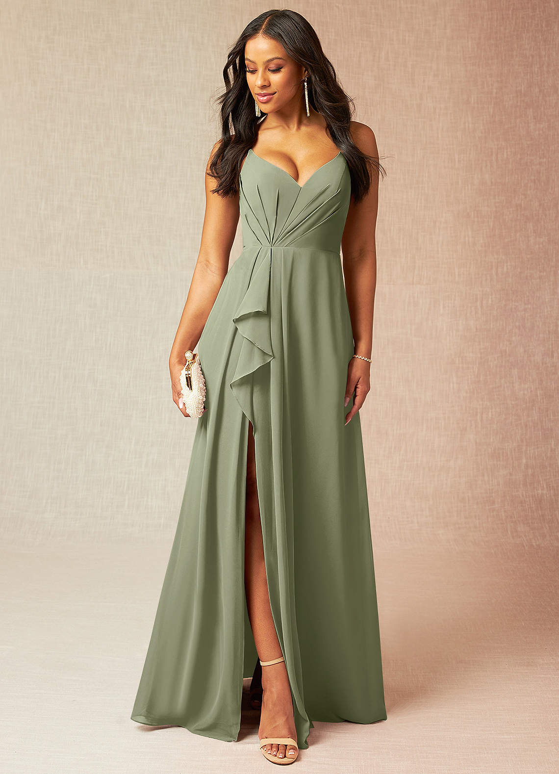 Azazie Kyedae Bridesmaid Dresses Pistachio A-Line V-Neck Pleated Chiffon Dress image1