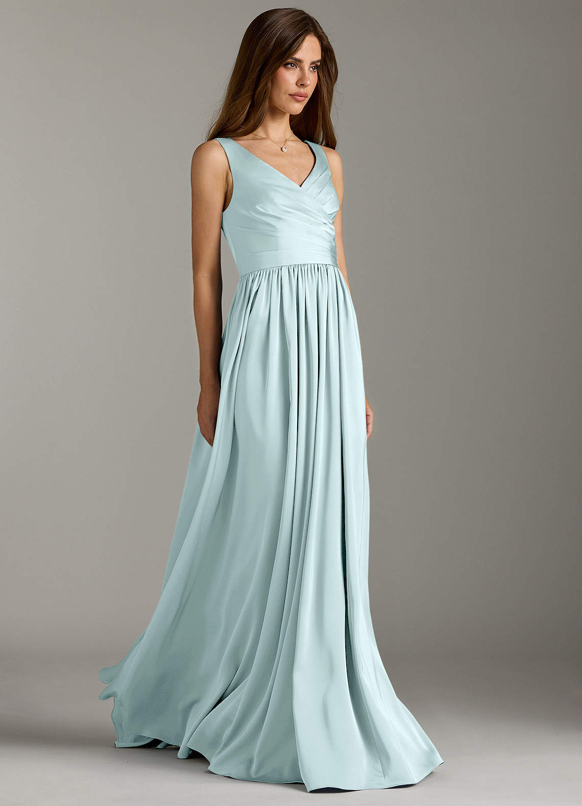 Azazie Keyla Bridesmaid Dresses Sea Glass A-Line Pleated Stretch Satin Dress image1