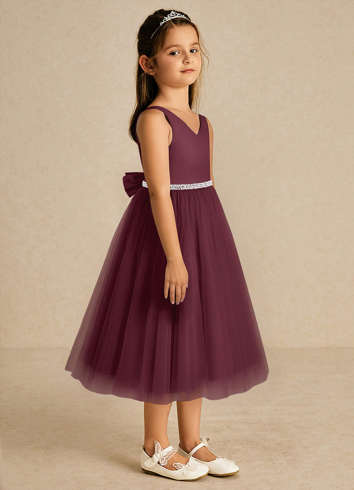 Azazie Firefly Flower Girl Dresses Cabernet A-Line Bow Matte Satin Dress image3