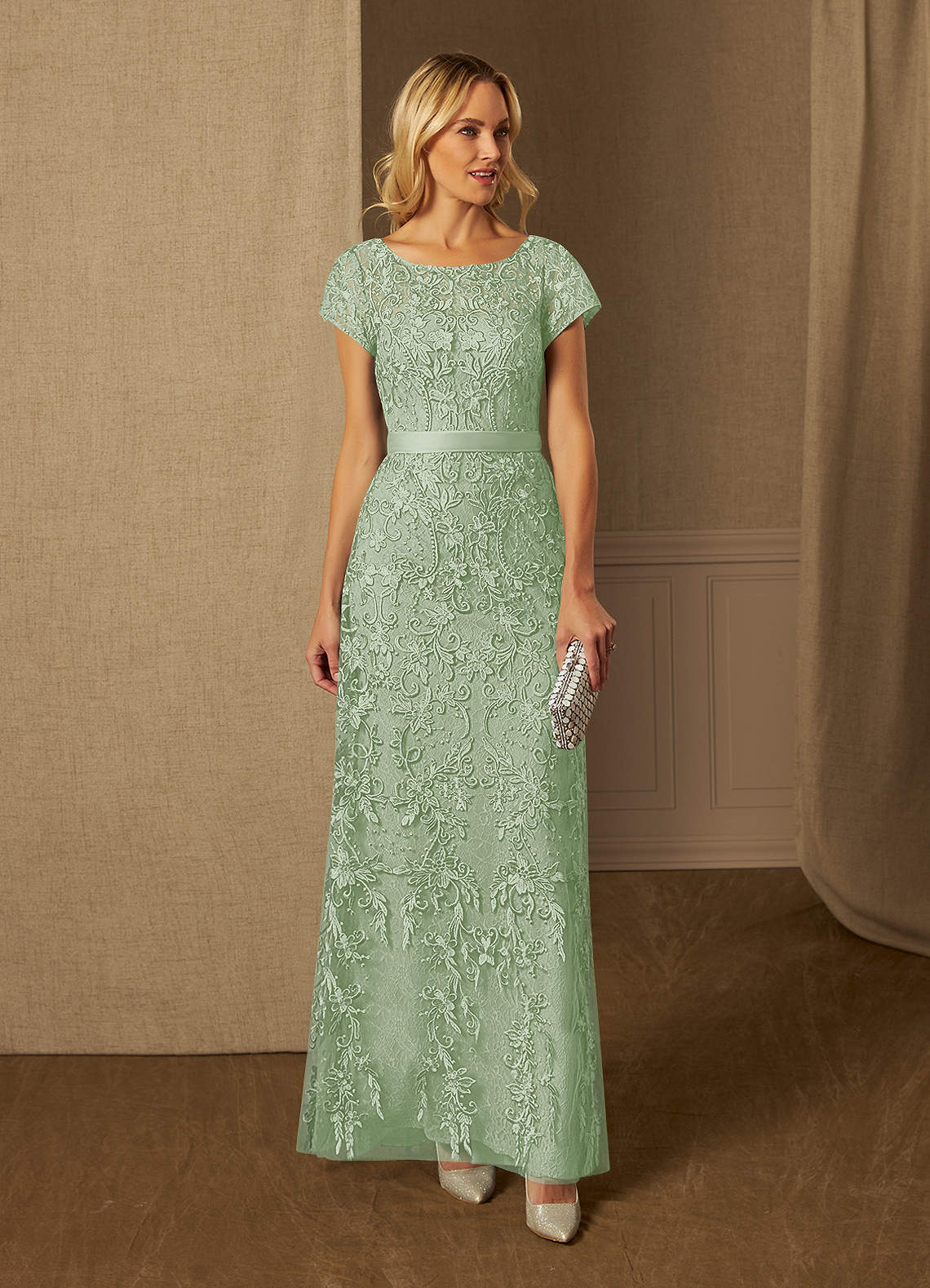 Azazie Dorit Kleider für die Brautmutter Etui Schaufel Spitze Kleid Staubiger Salbeigrün image1