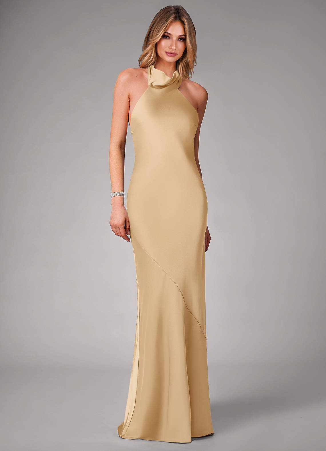 Azazie Velli Gold Stretch Satin Bridesmaid Dresses | Azazie