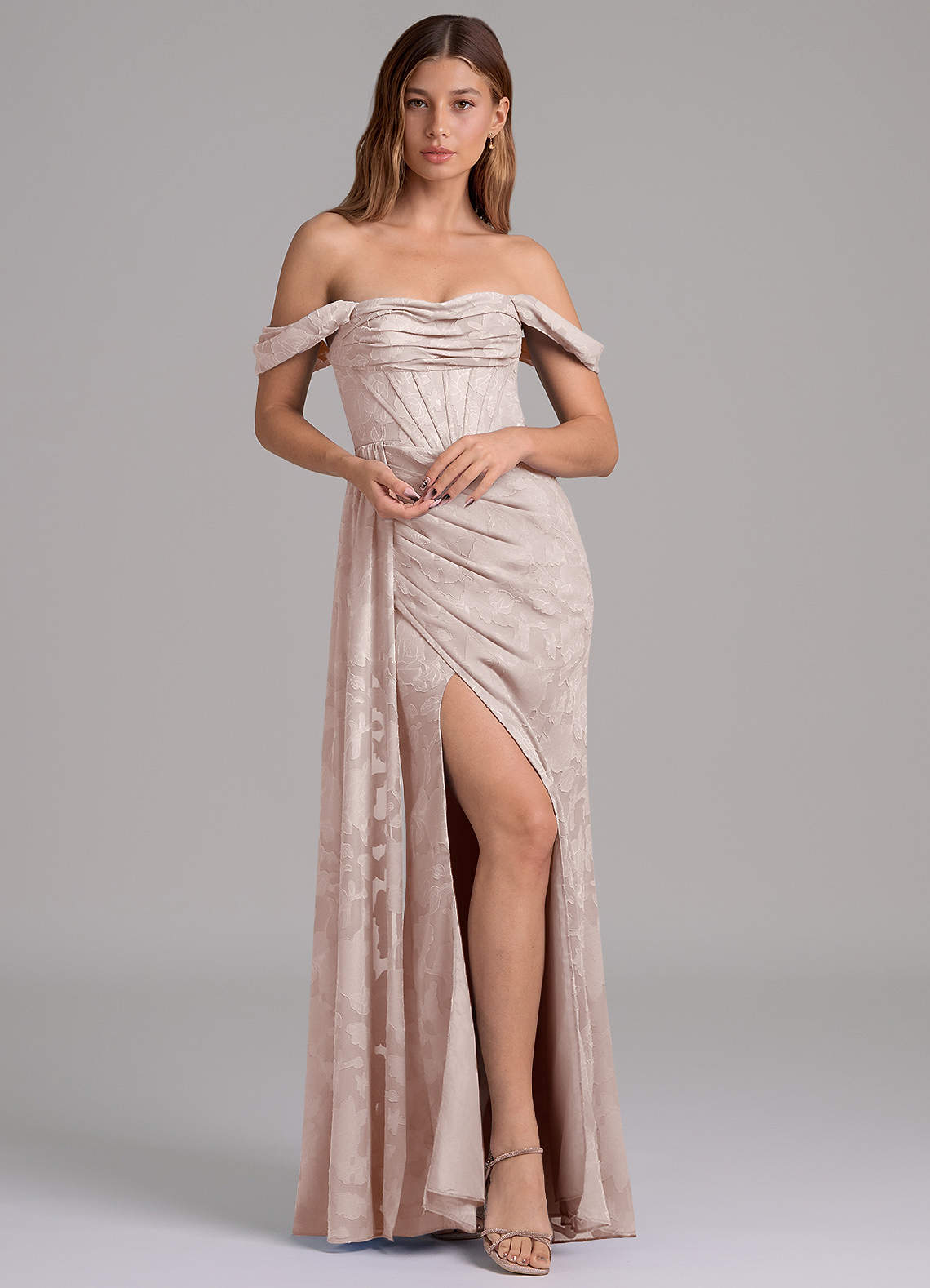 Azazie Amyra Bridesmaid Dresses Blushing Pink Mermaid Off the Shoulder Floral Burnout Convertible Dress image1