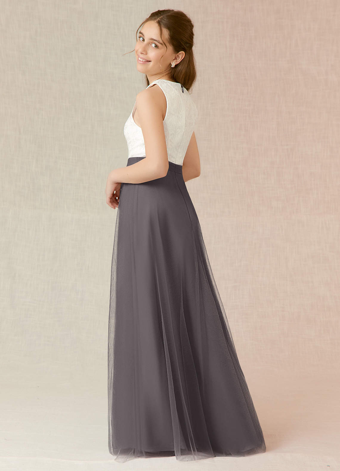 Azazie Albertine Junior Steel Grey A-Line Lace Chiffon Dress image1